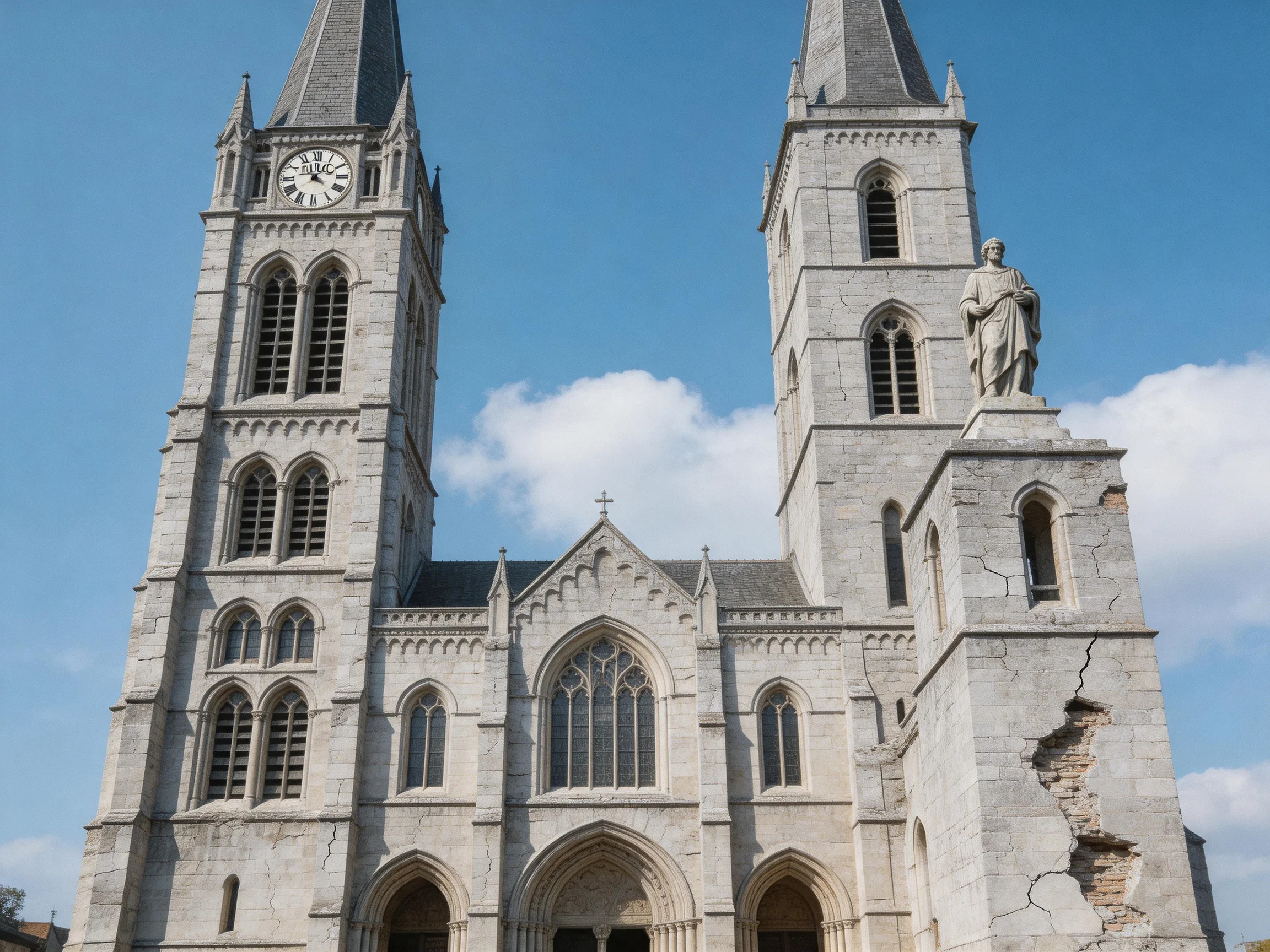 A historic stone cathedral with twin Gothic towers and a statue