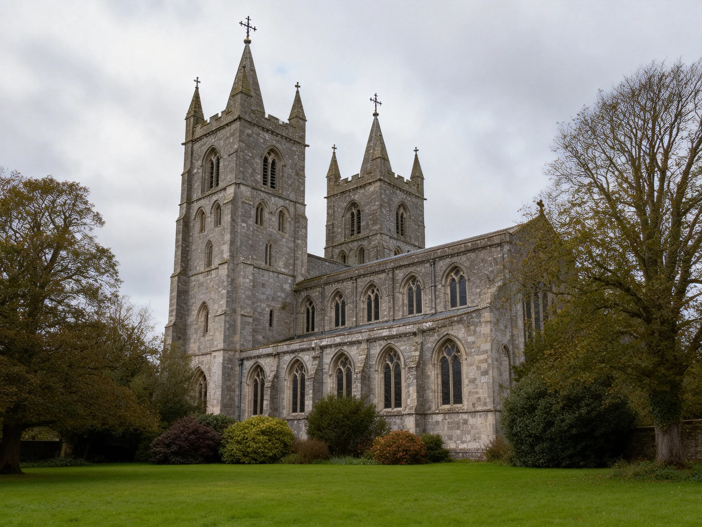 A historic stone cathedral with twin towers amidst lush greenery