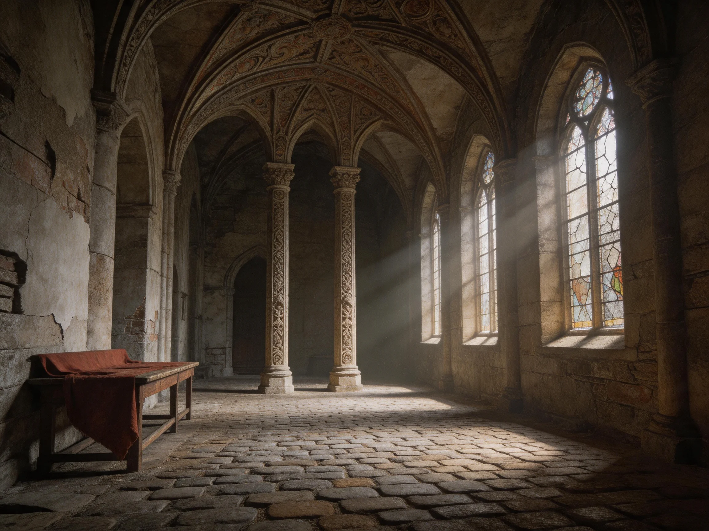 A historic stone chapel with tall columns and stained glass windows