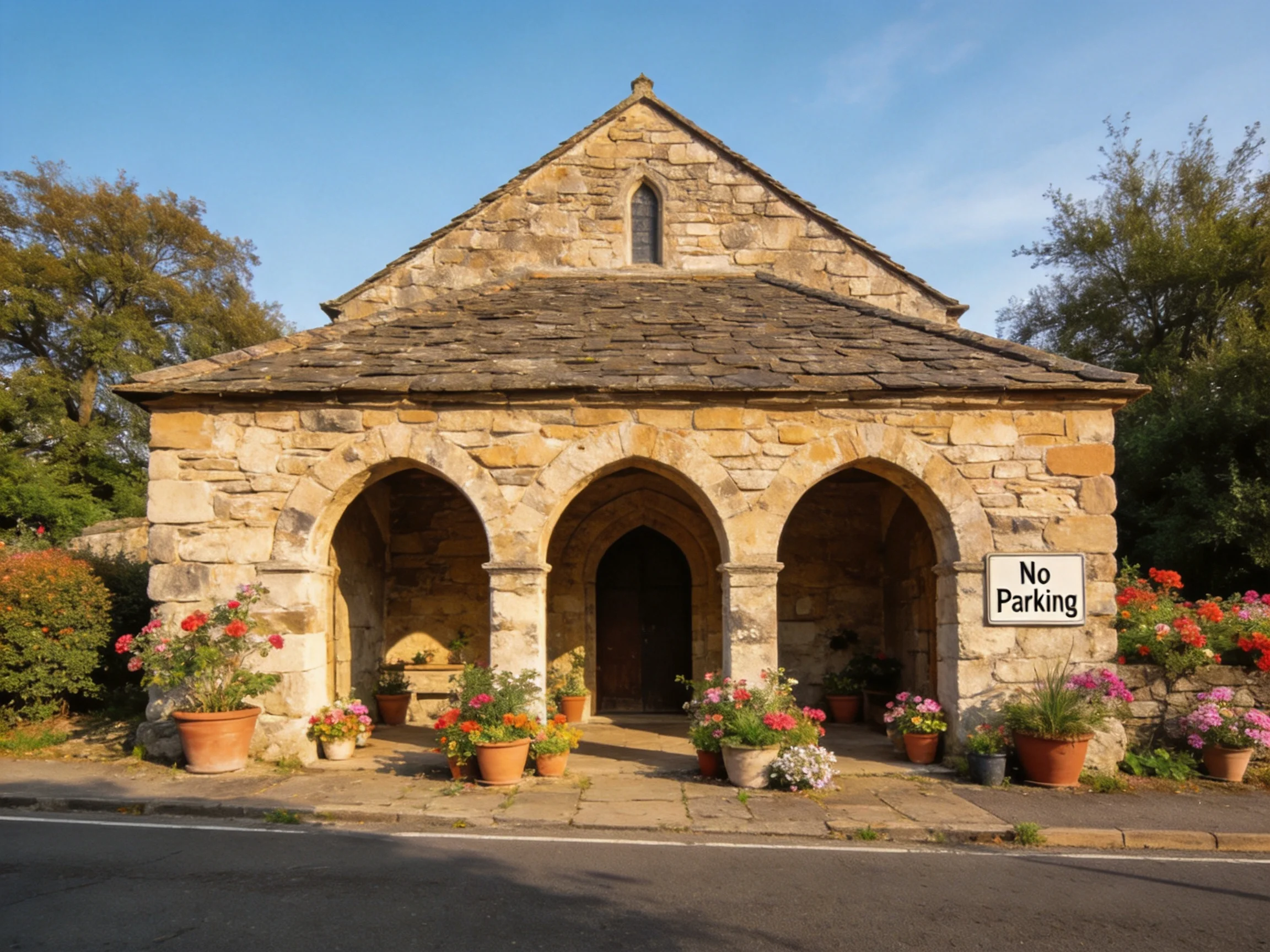 A historic stone chapel with three arched entrances and flower-filled bases