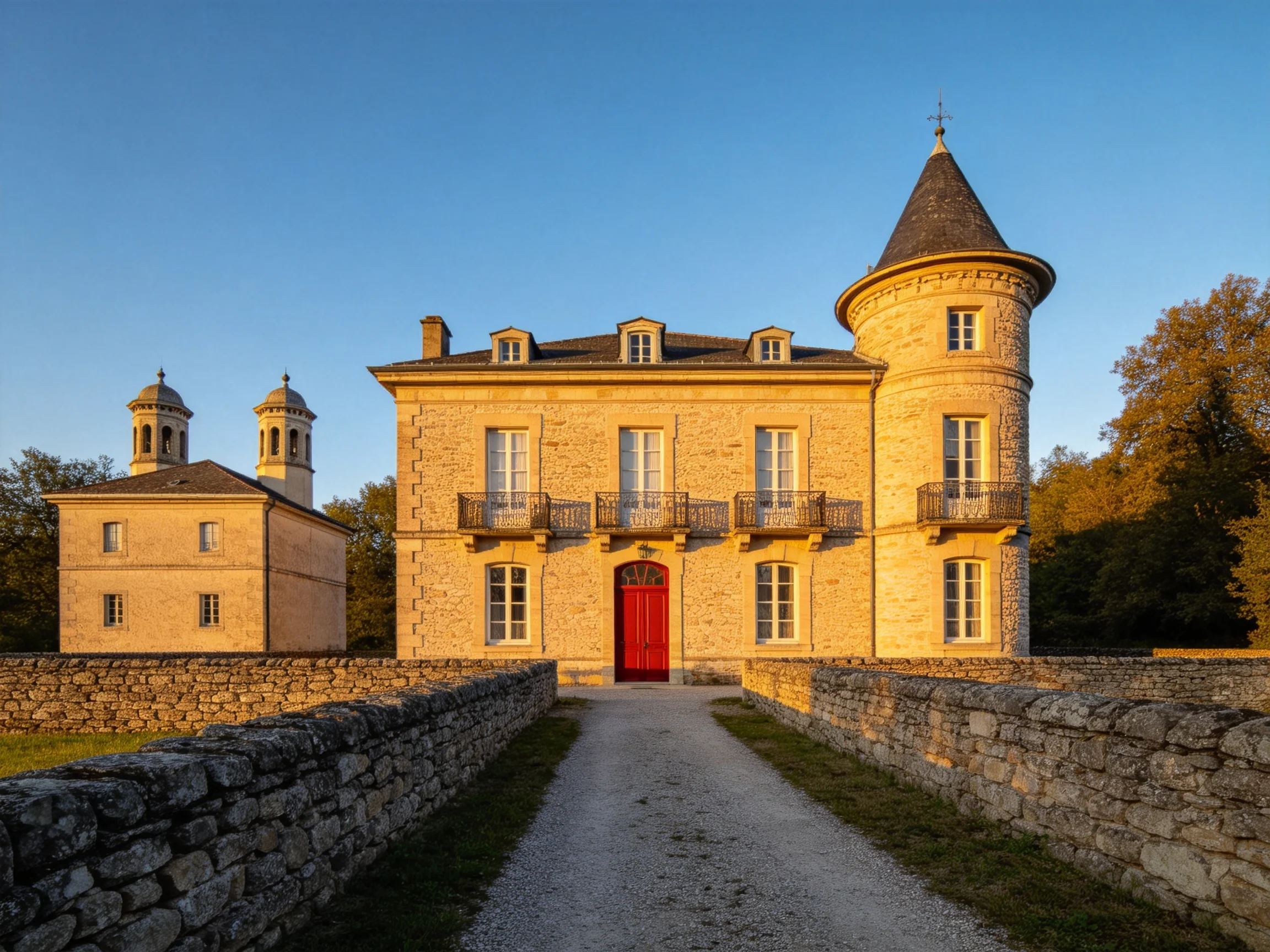 A historic stone chateau with red door and tower, bathed in golden light