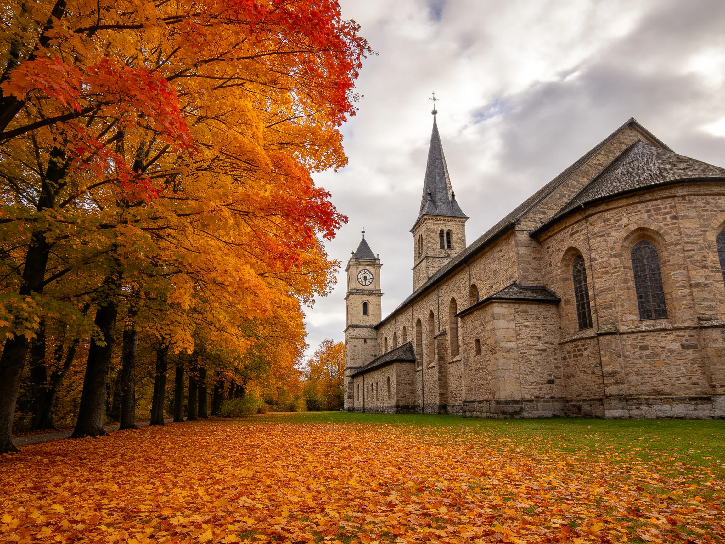 A historic stone church amid vibrant fall foliage with golden leaves