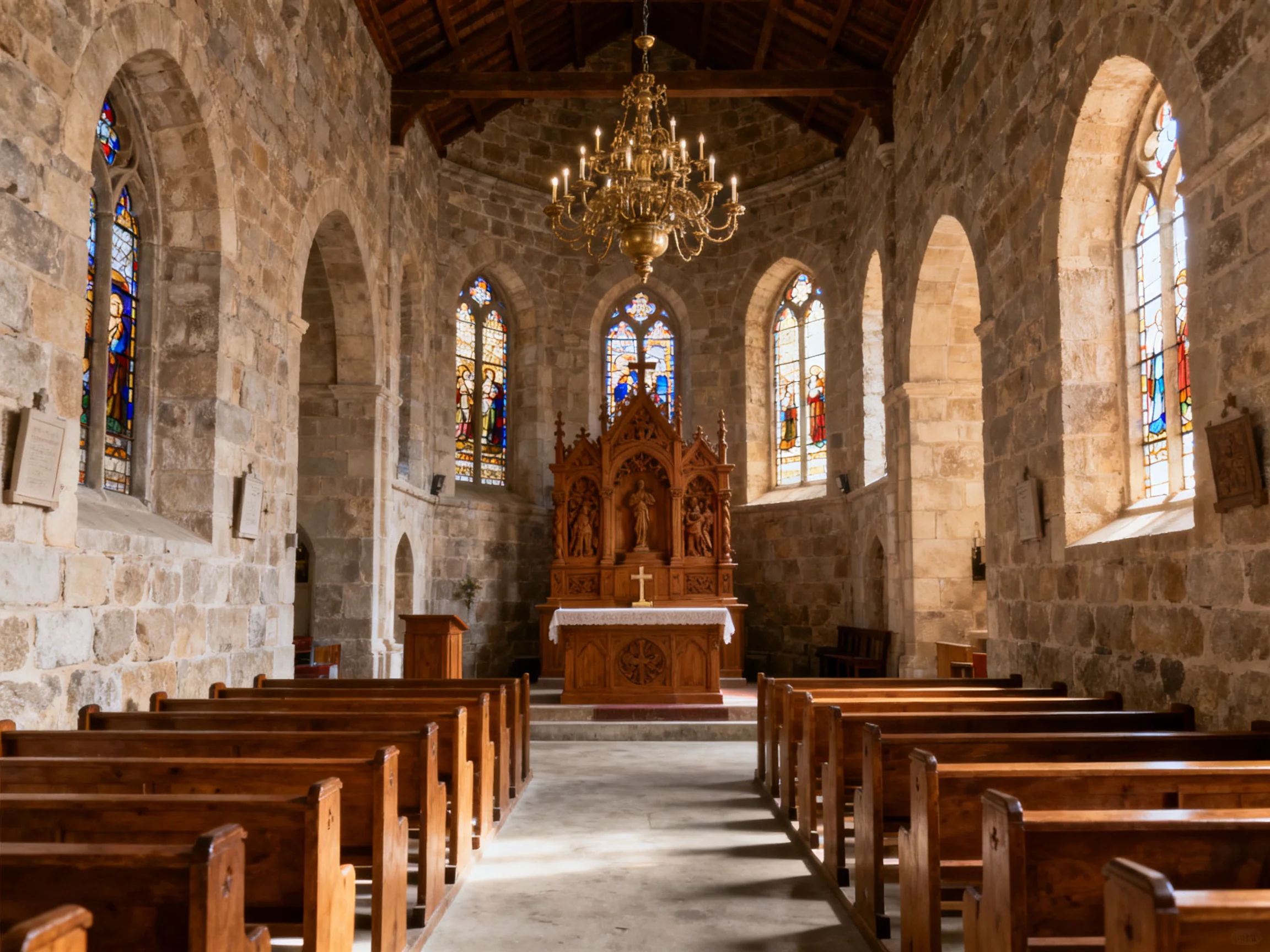 A historic stone church interior with wooden pews and ornate altar