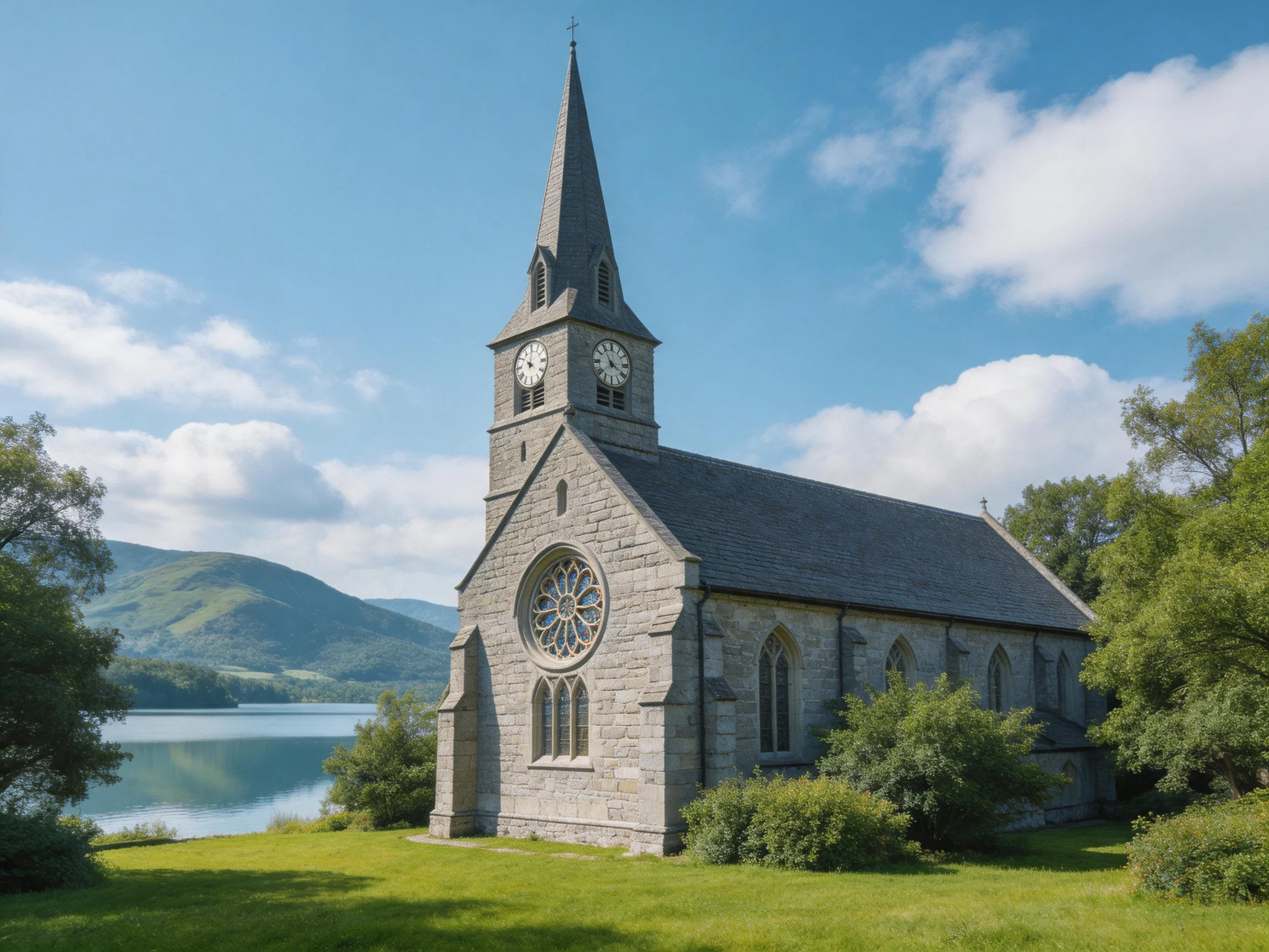 A historic stone church near a serene lake with lush greenery