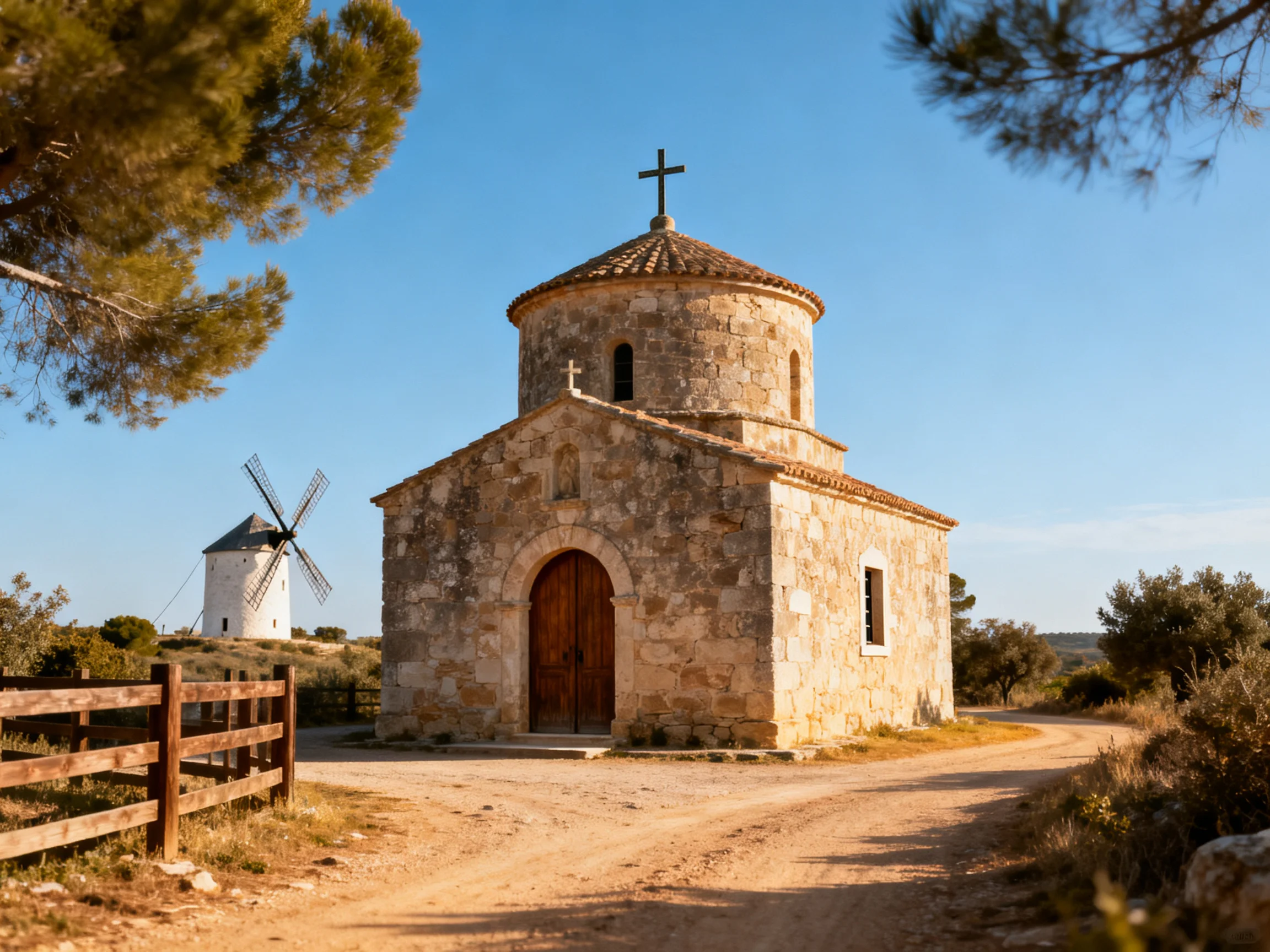 A historic stone church near a white windmill under clear blue skies