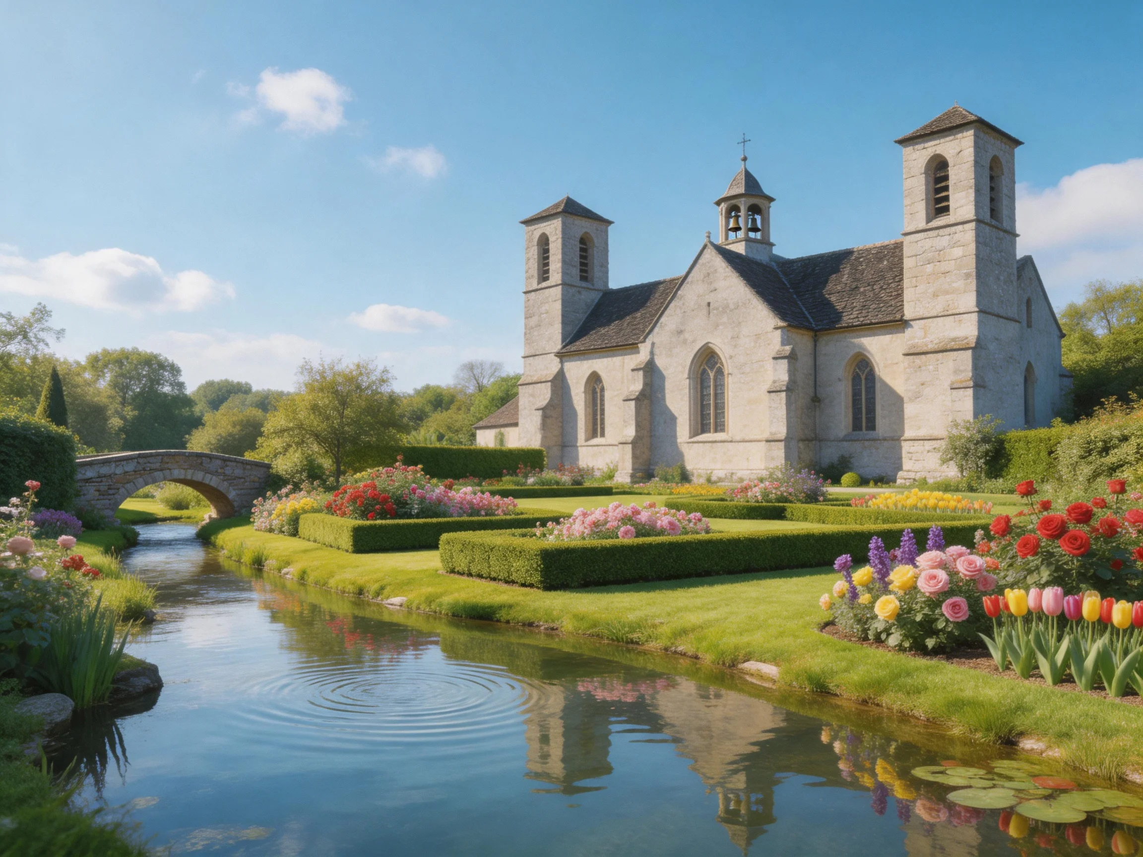 A historic stone church near vibrant flower gardens and a reflective stream