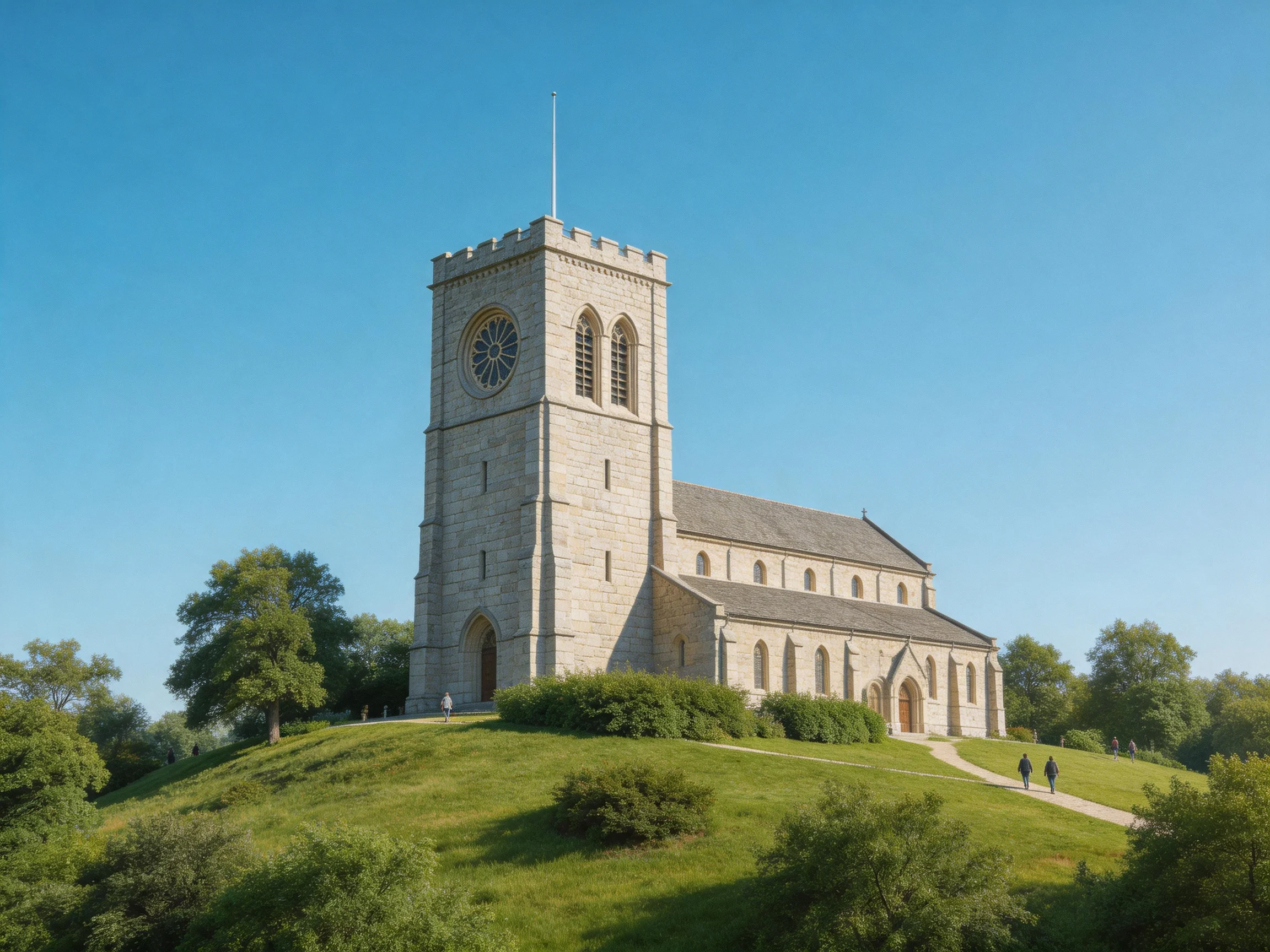 A historic stone church tower atop a verdant hill under clear blue sky