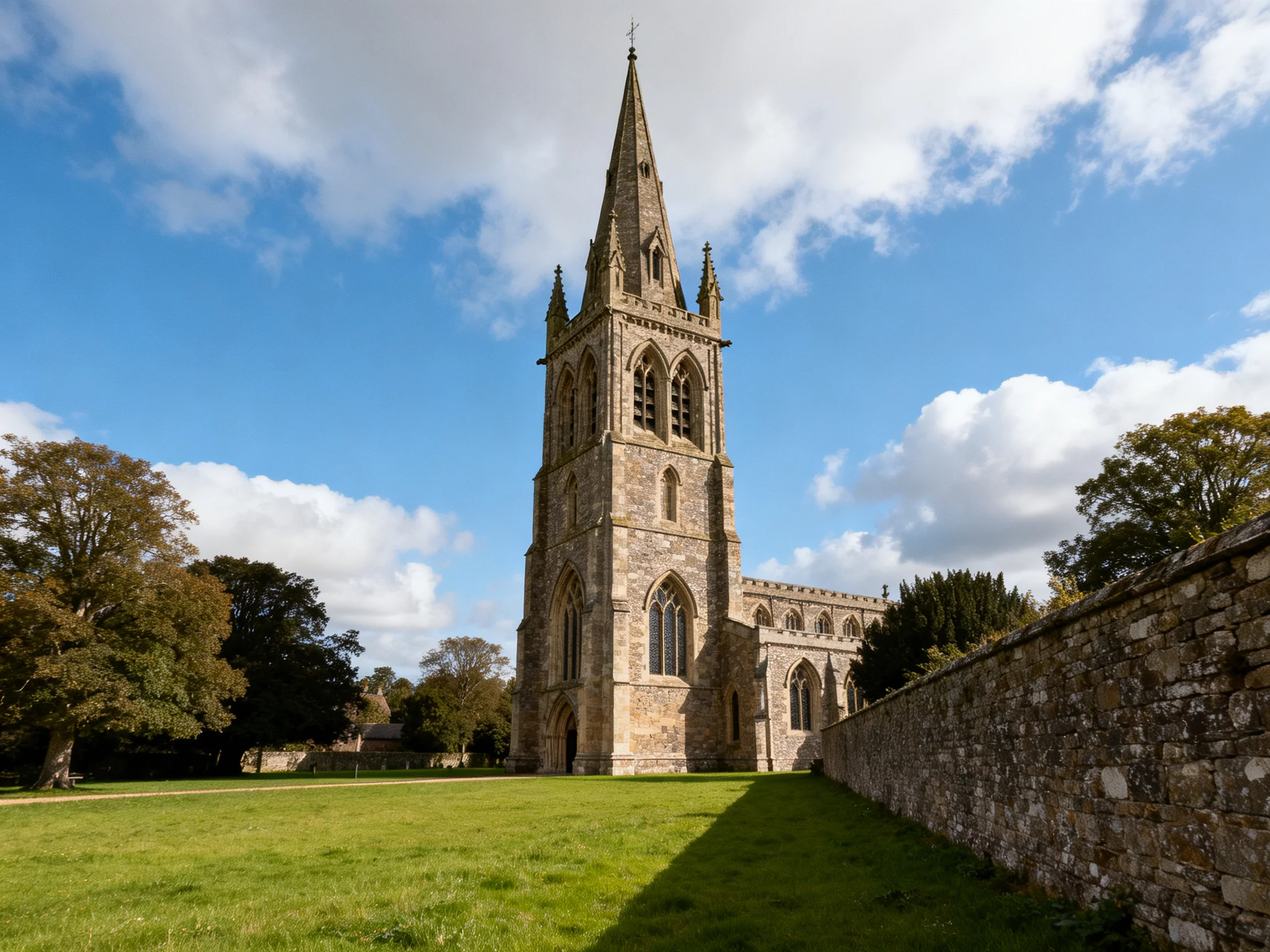 A historic stone church tower with a pointed spire under bright blue skies