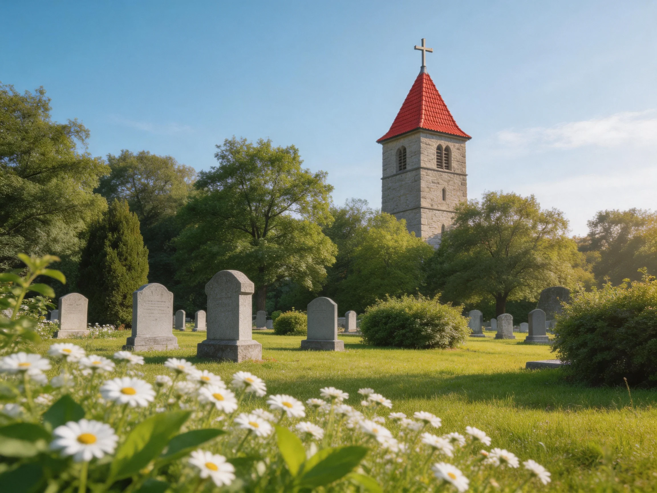A historic stone church tower with red roof overlooks a peaceful cemetery