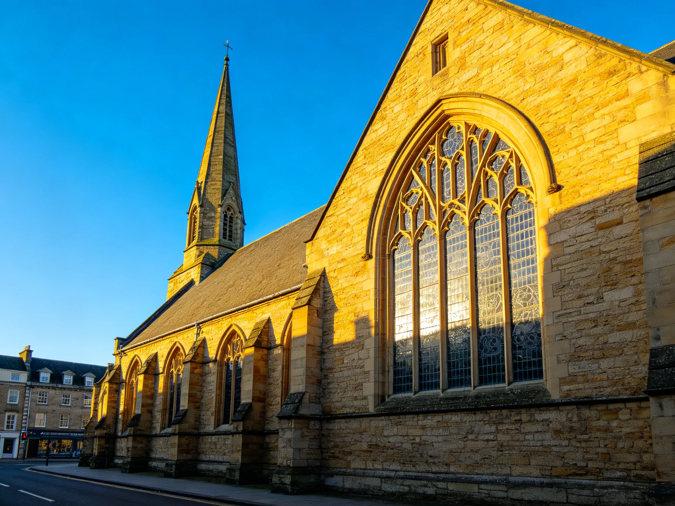 A historic stone church with Gothic architecture bathed in golden sunlight