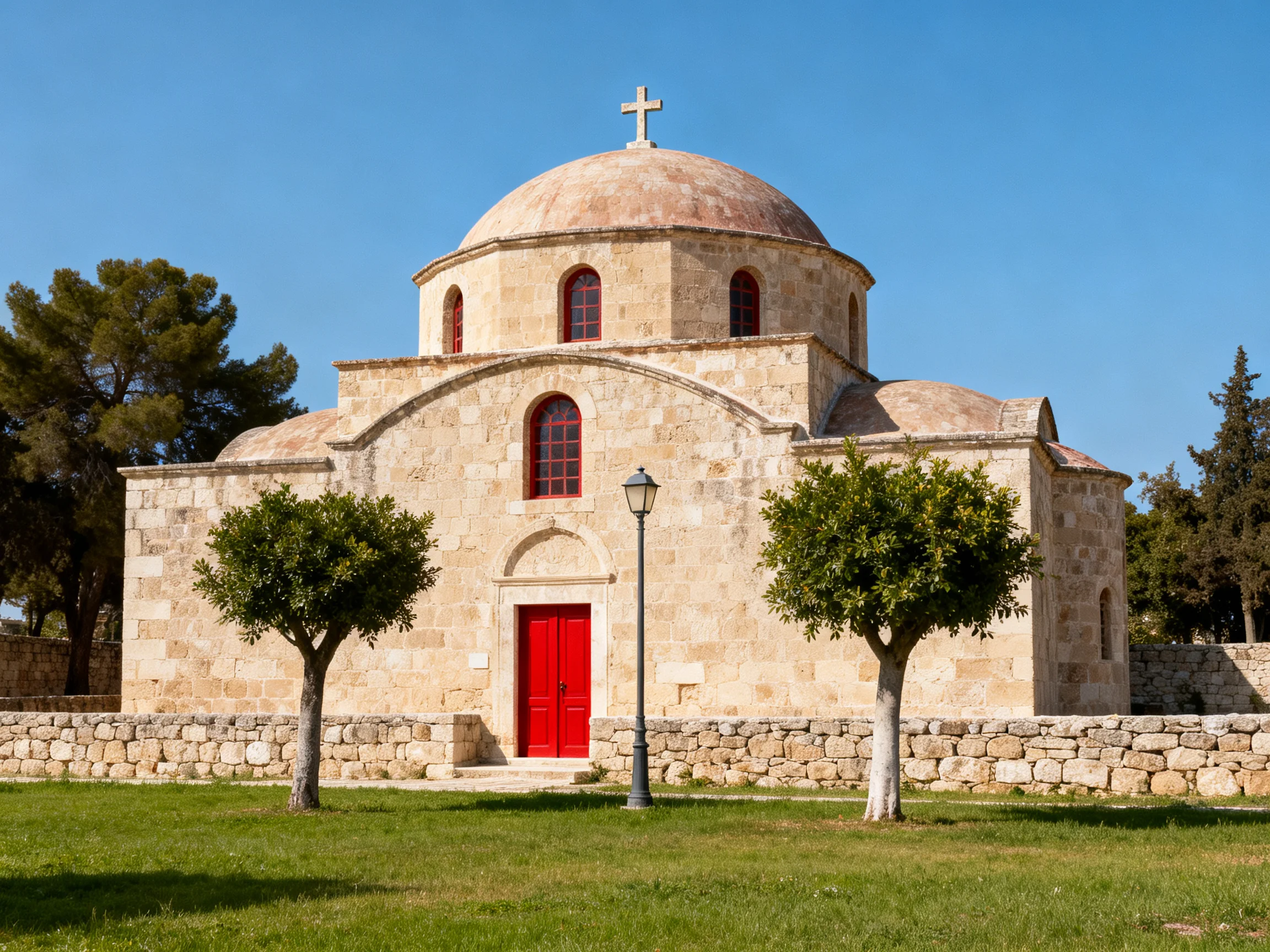 A historic stone church with a bright red door and domed architecture