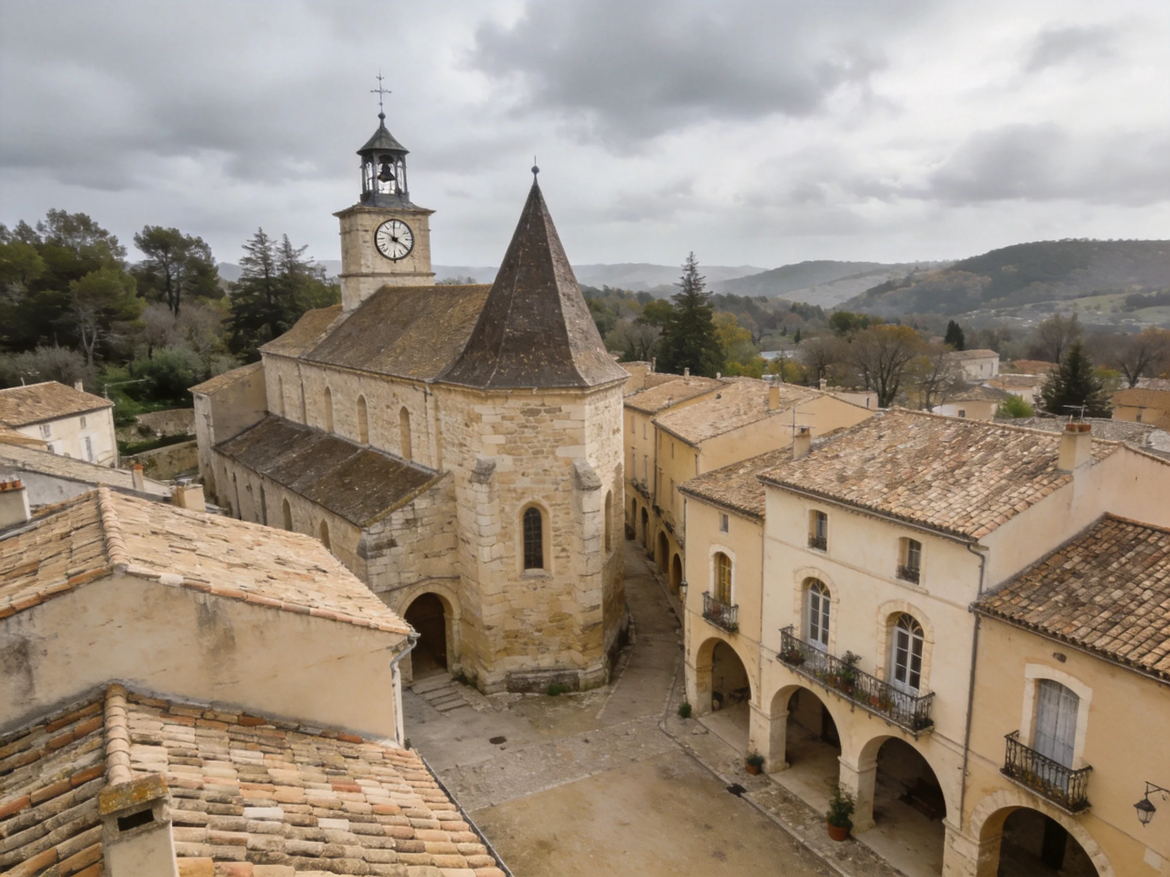 A historic stone church with a clock tower amid beige buildings