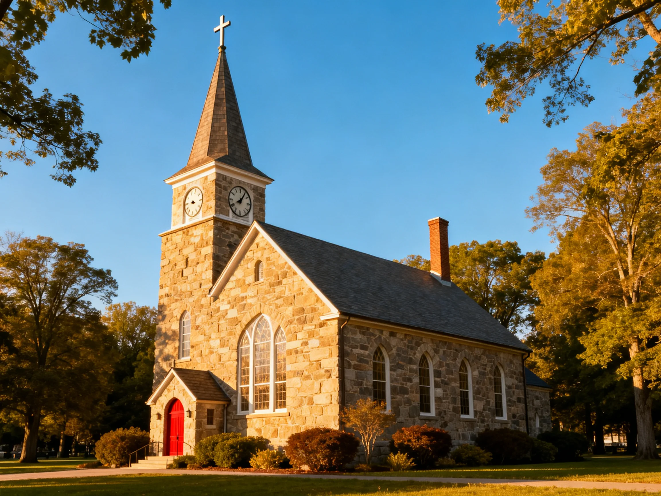 A historic stone church with a clock tower and red door surrounded by autumn trees