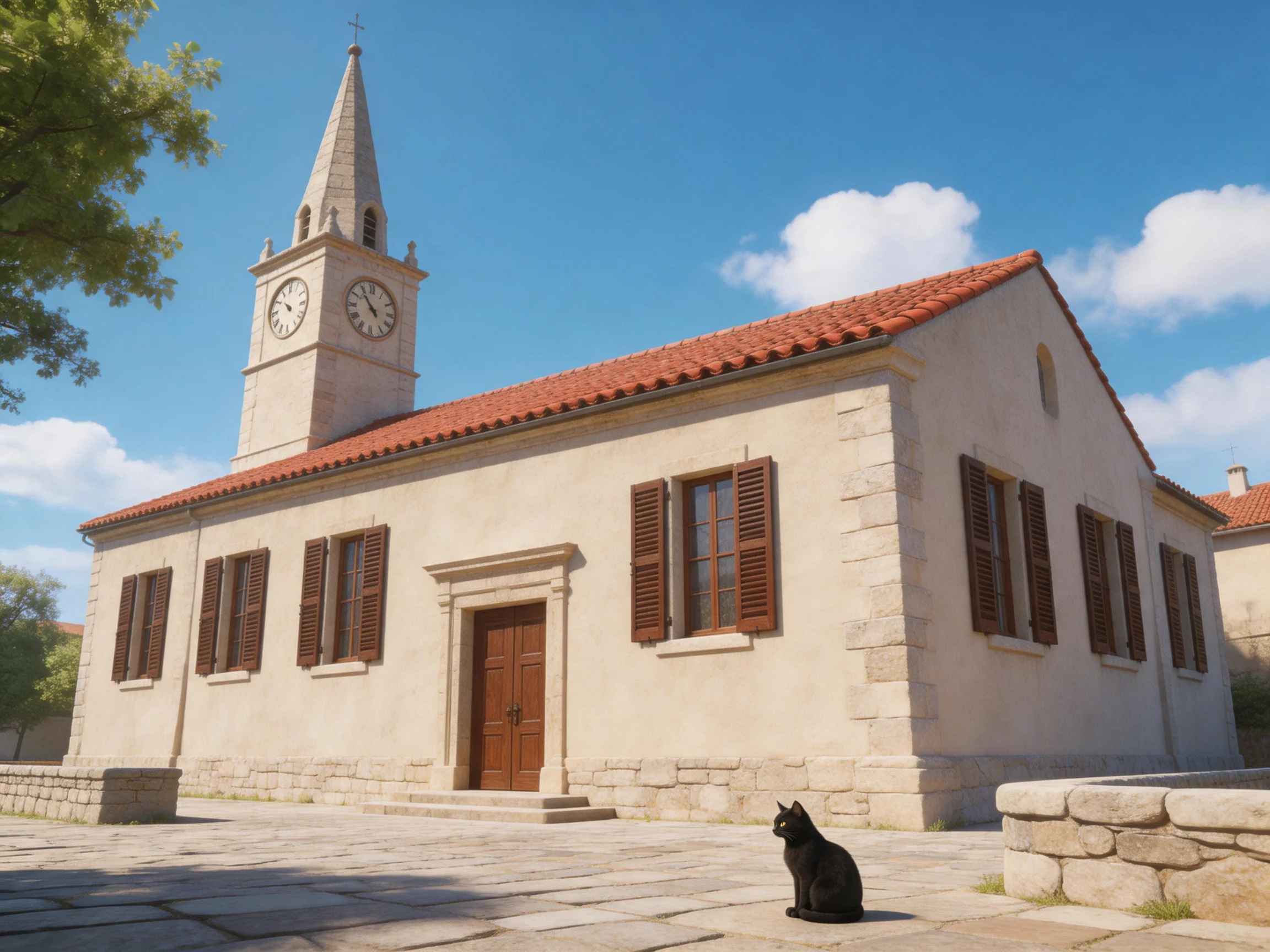 A historic stone church with a clock tower and red roof