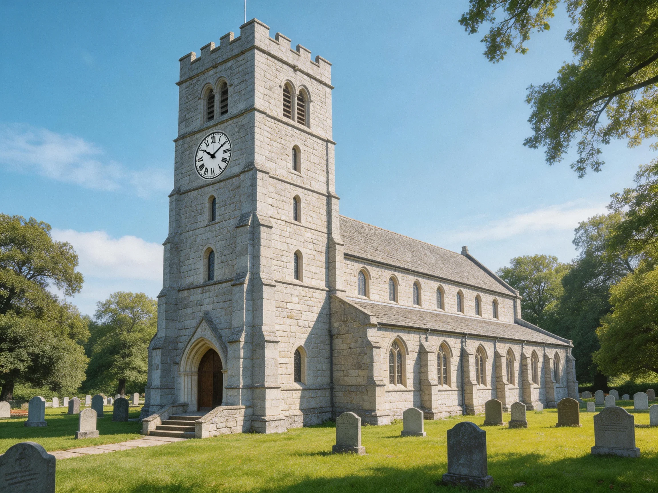 A historic stone church with a clock tower near a green graveyard