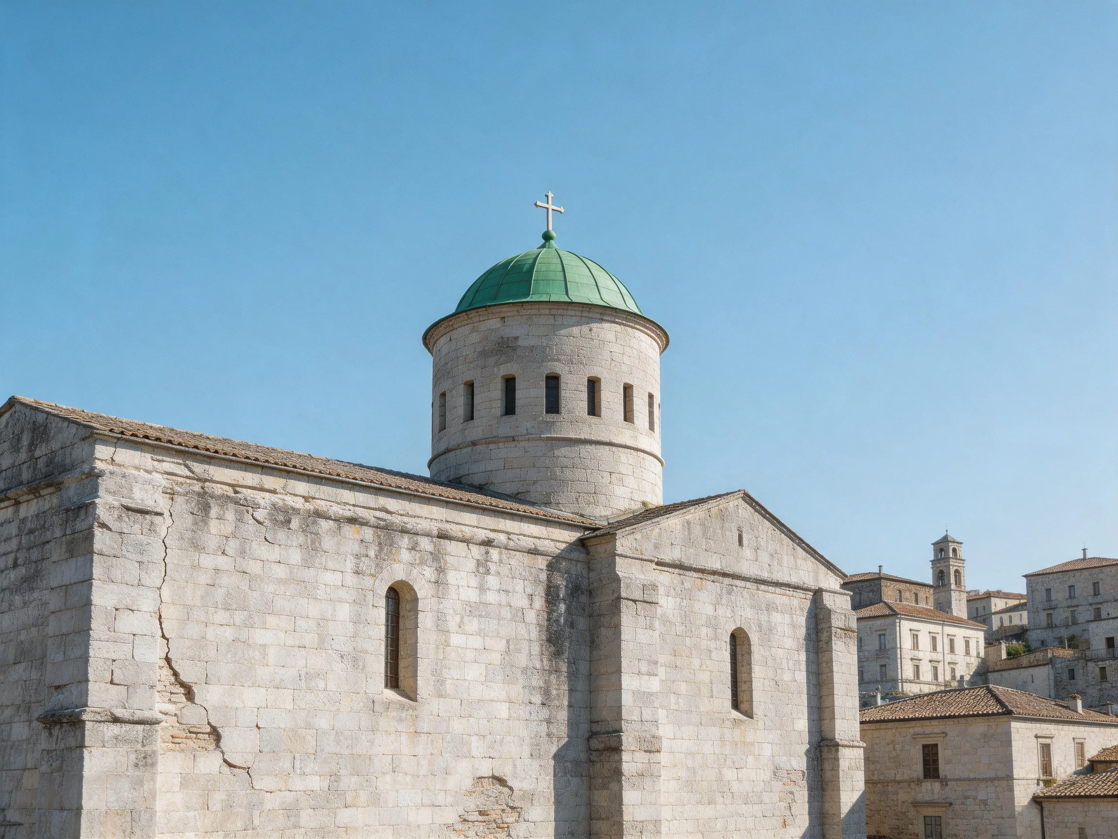 A historic stone church with a green domed tower and cross
