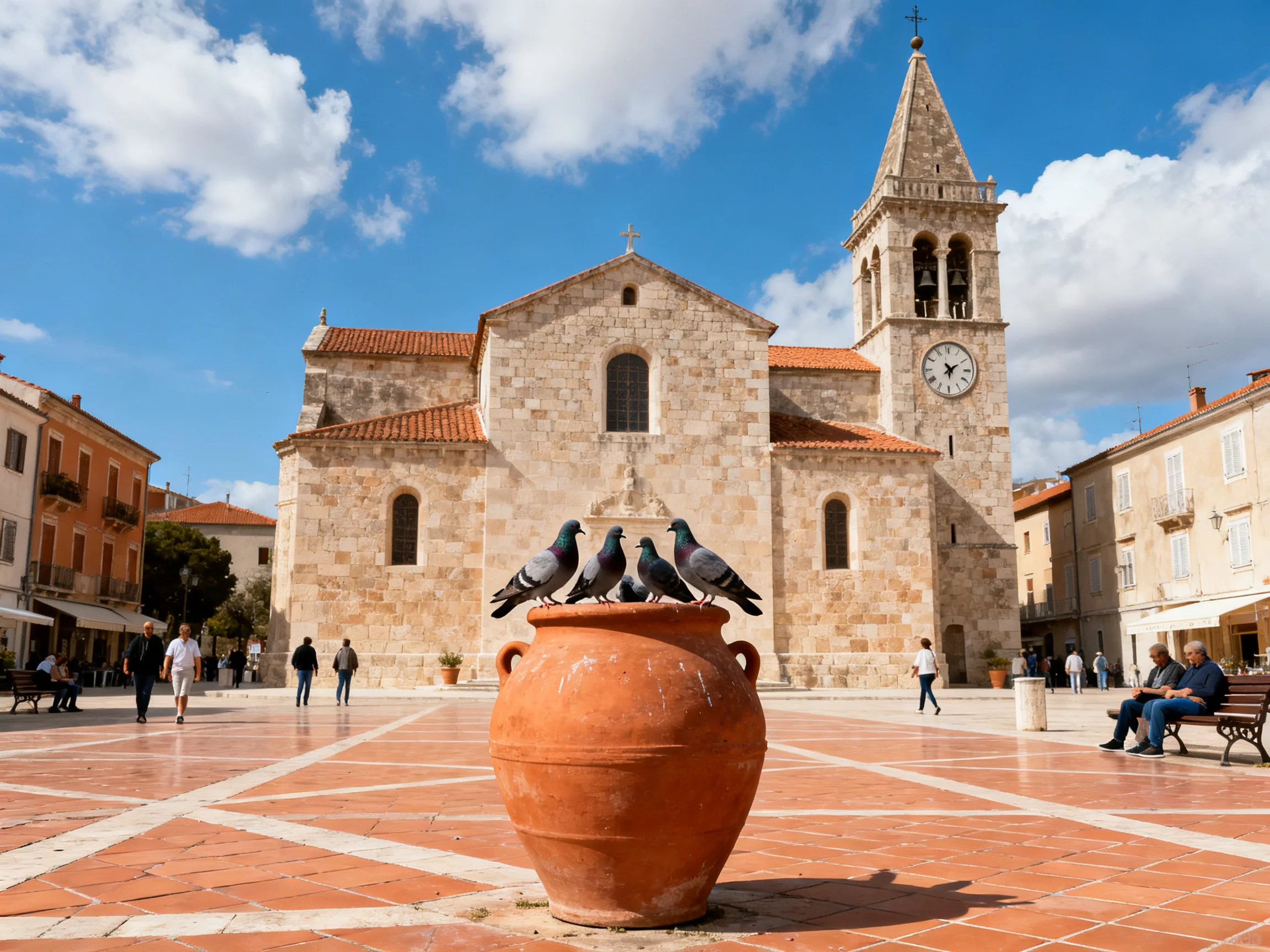 A historic stone church with a large terracotta vase and pigeons in its plaza
