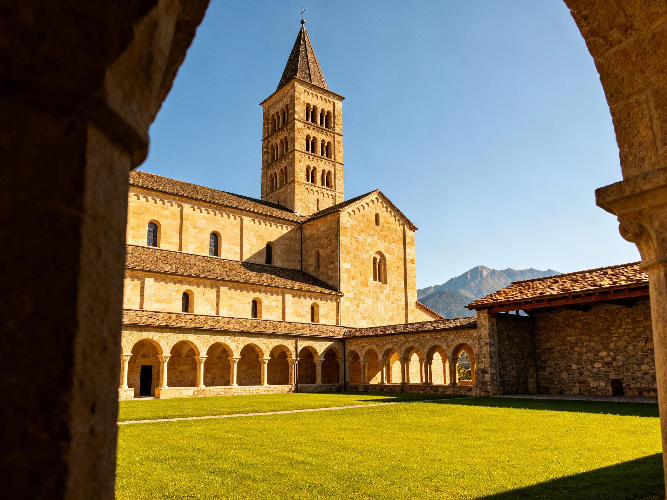 A historic stone church with a tall bell tower and green courtyard