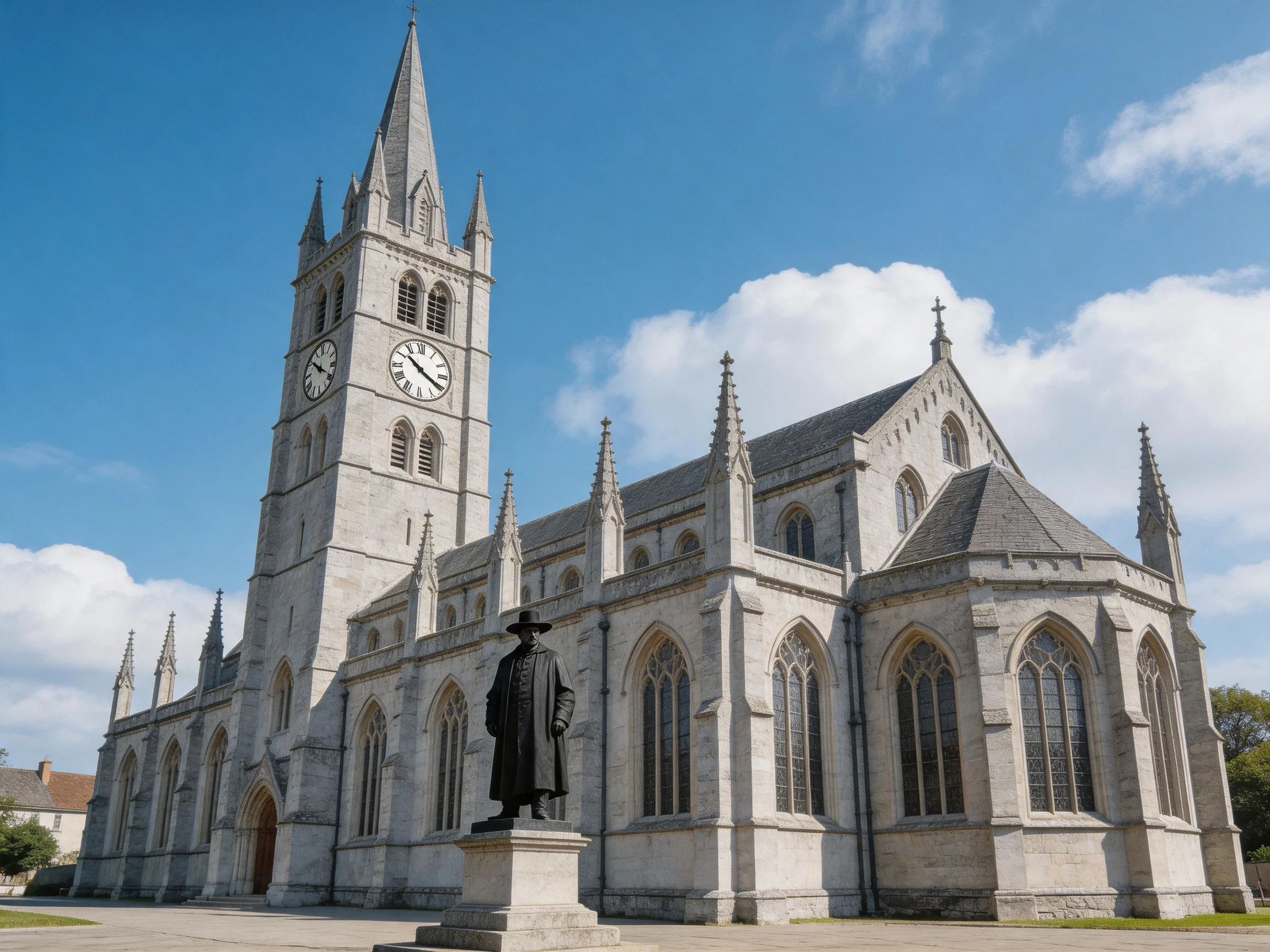 A historic stone church with a tall clock tower and a dark statue