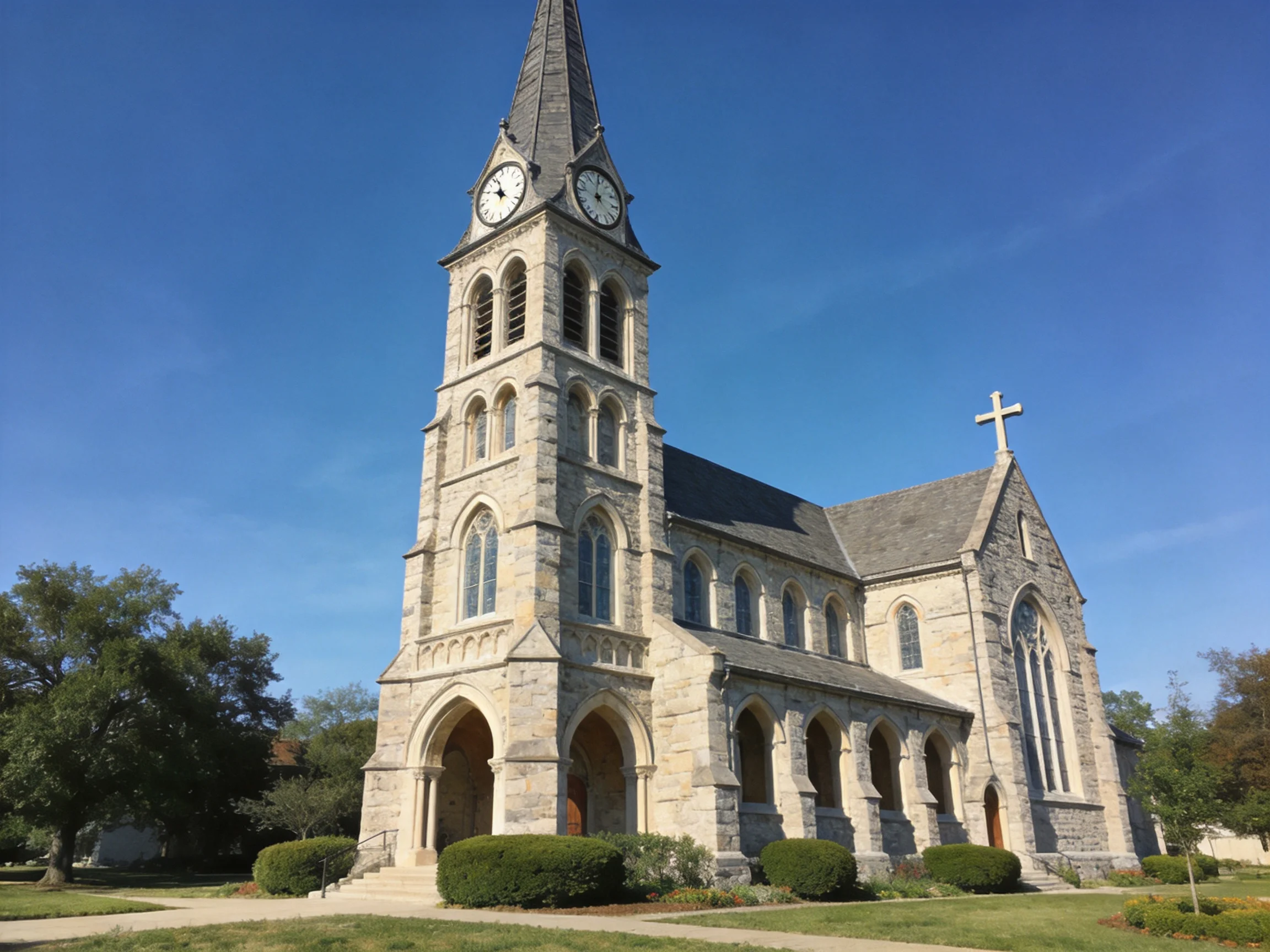 A historic stone church with a tall clock tower and pointed spire