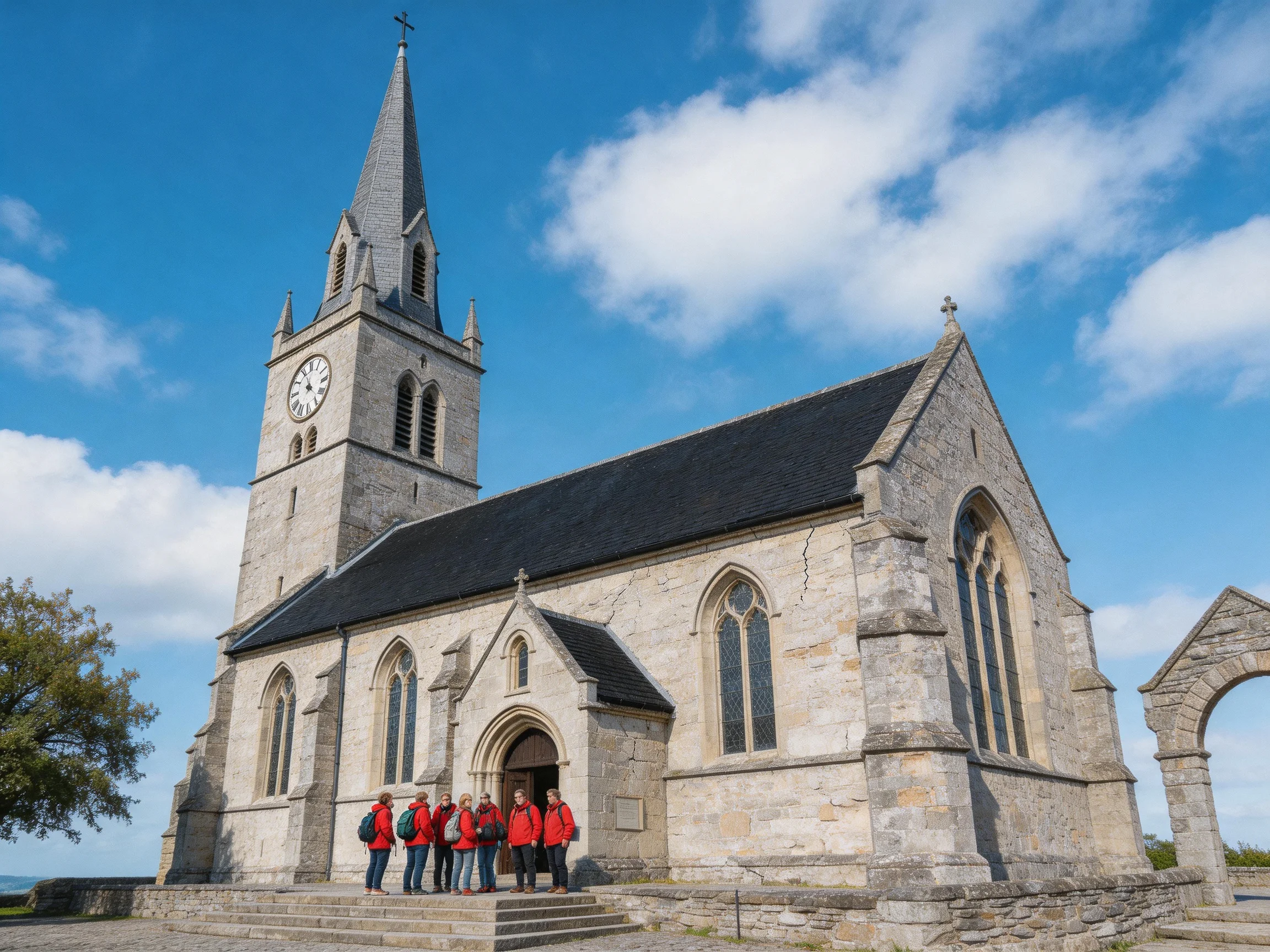 A historic stone church with a tall clock tower and red-jacketed group