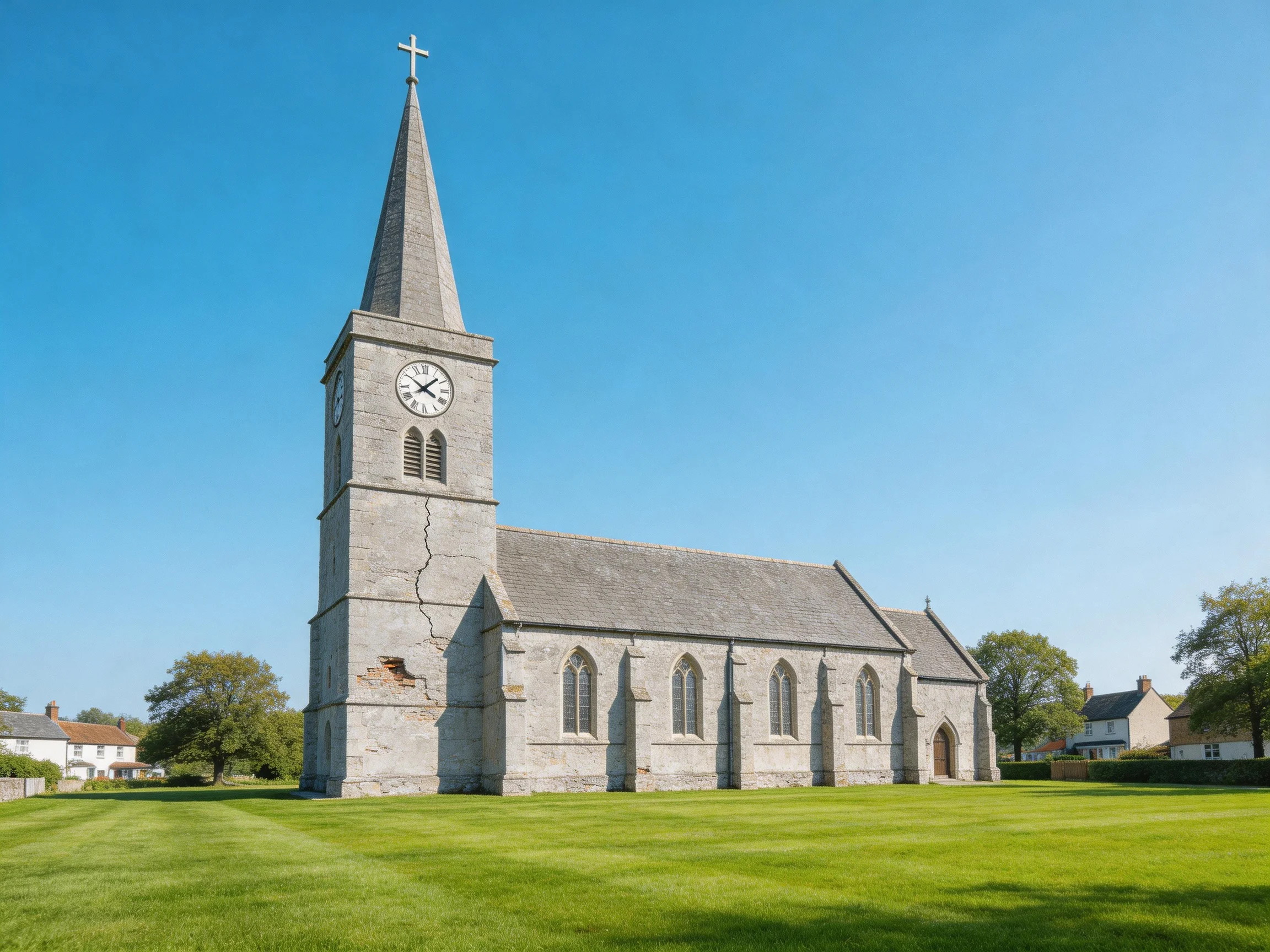 A historic stone church with a tall clock tower on a green lawn