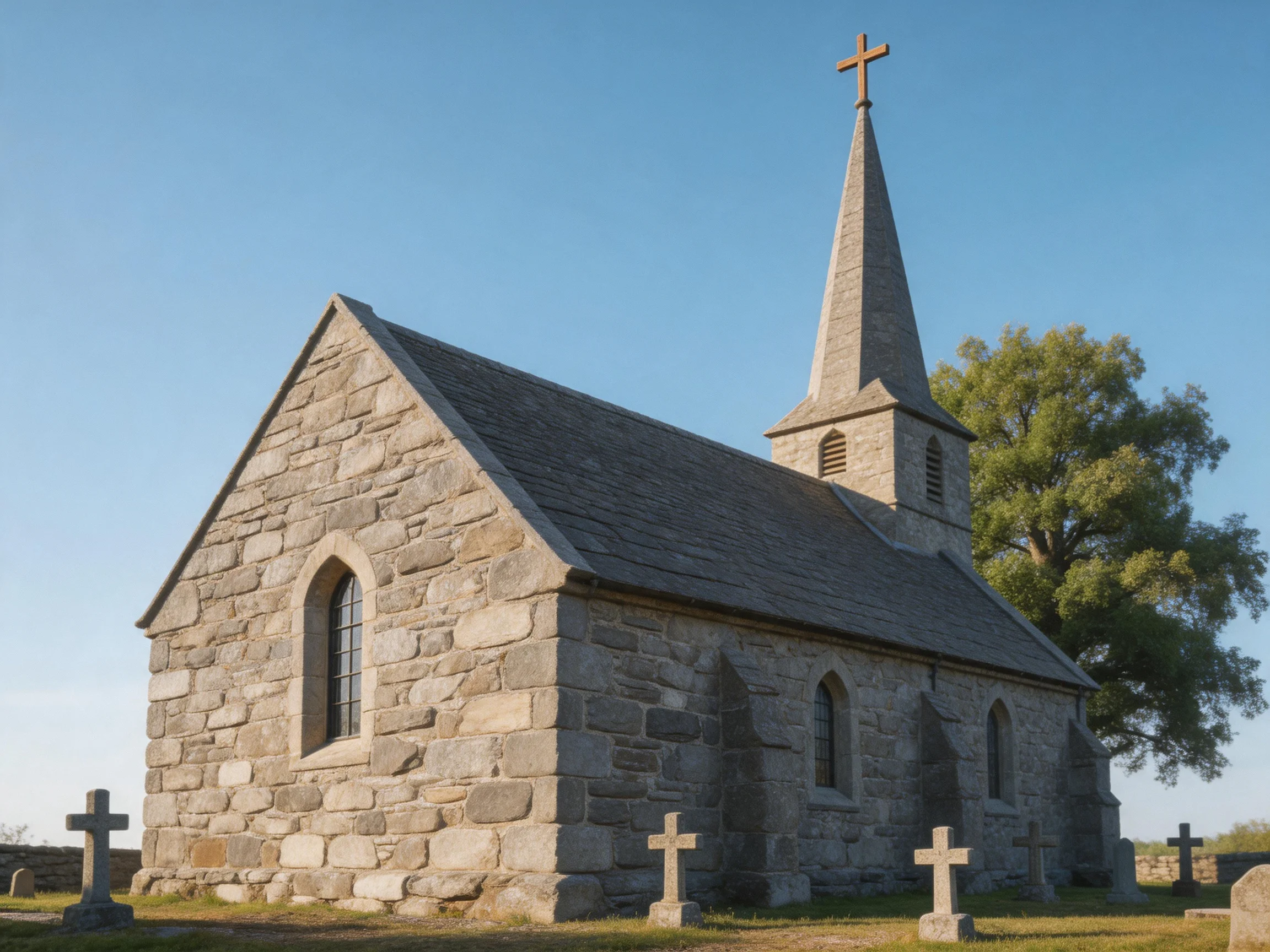 A historic stone church with a tall spire near a tree