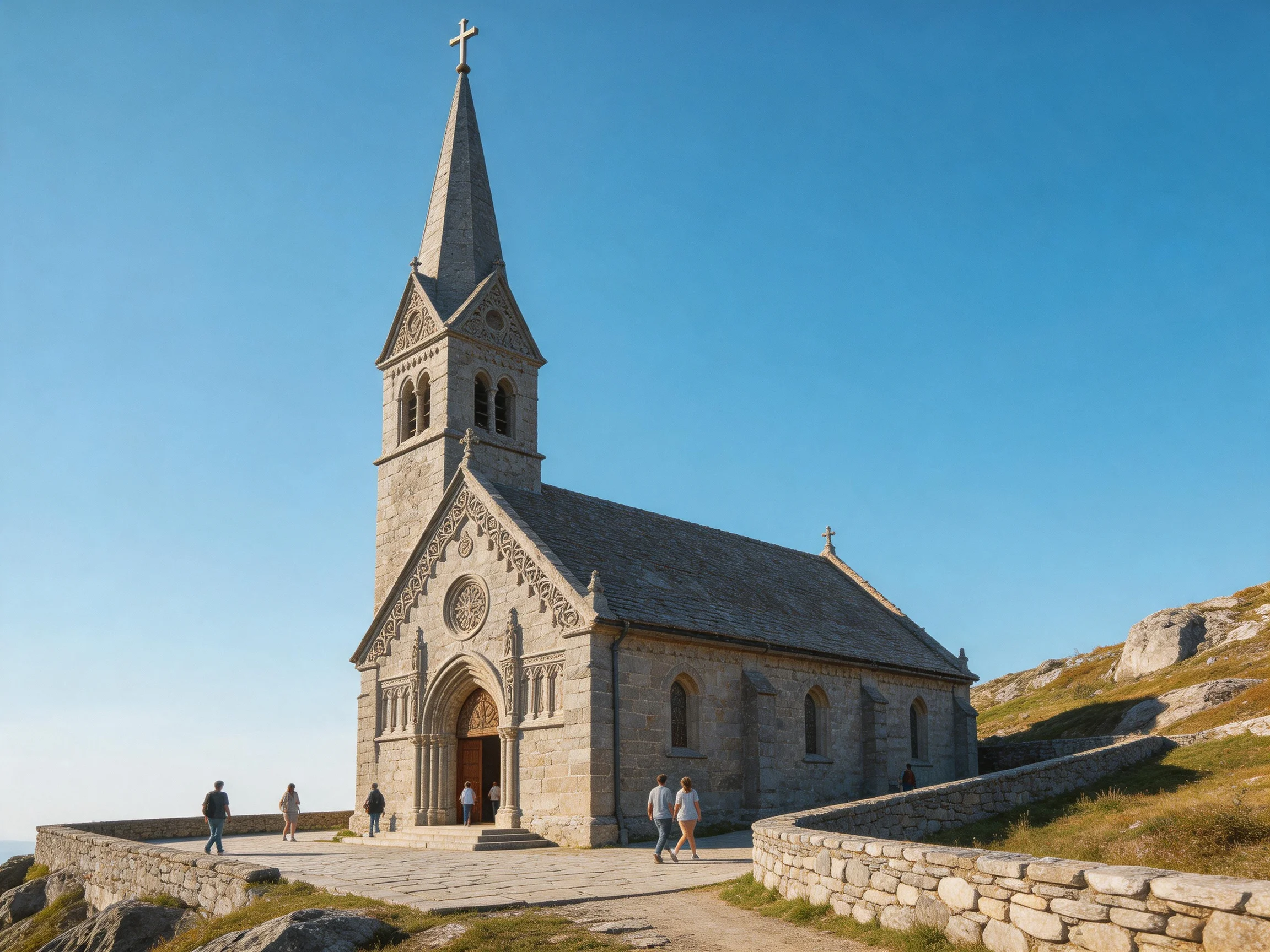 A historic stone church with a tall spire under clear blue skies