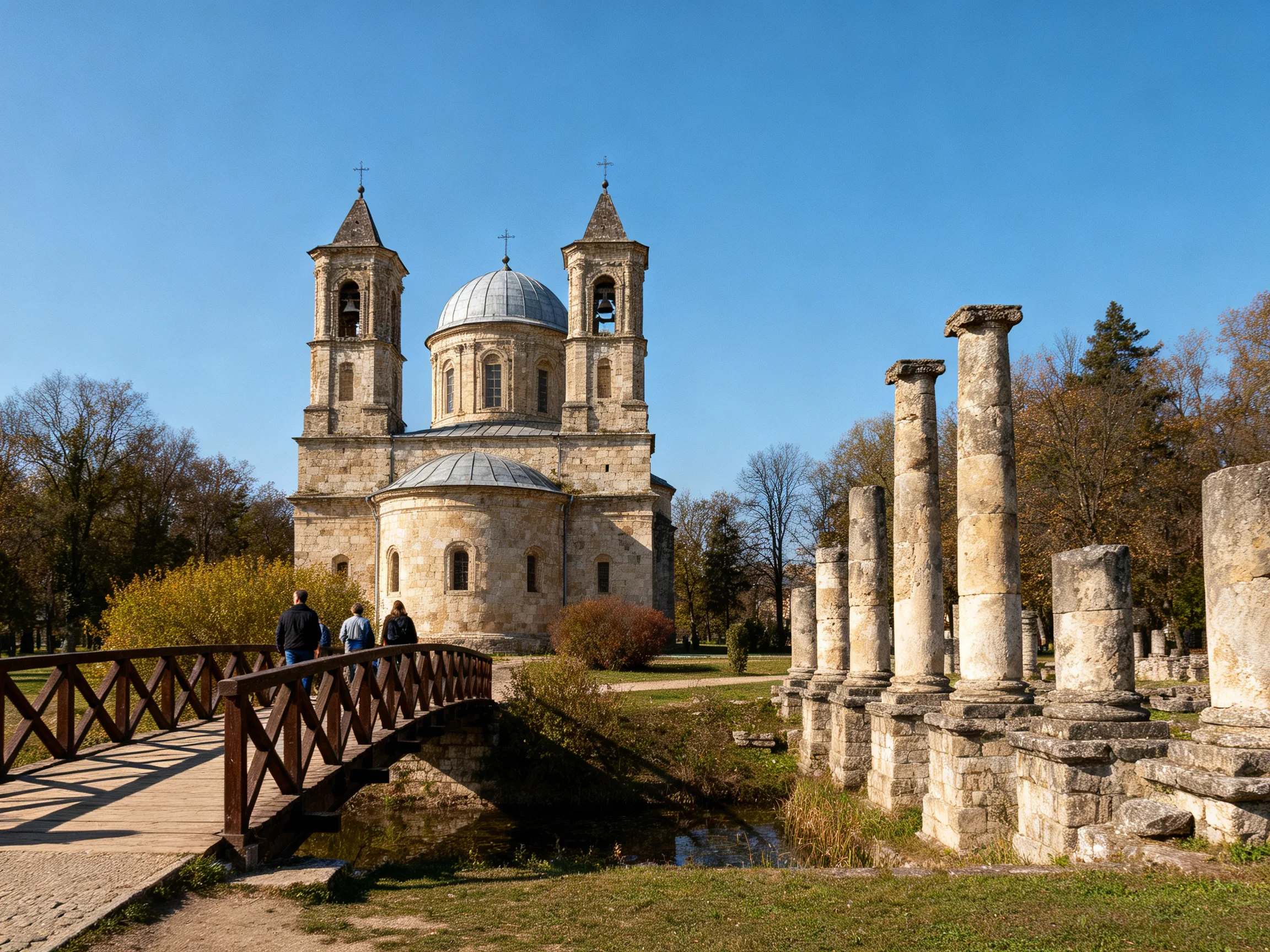 A historic stone church with ancient columns near a wooden bridge