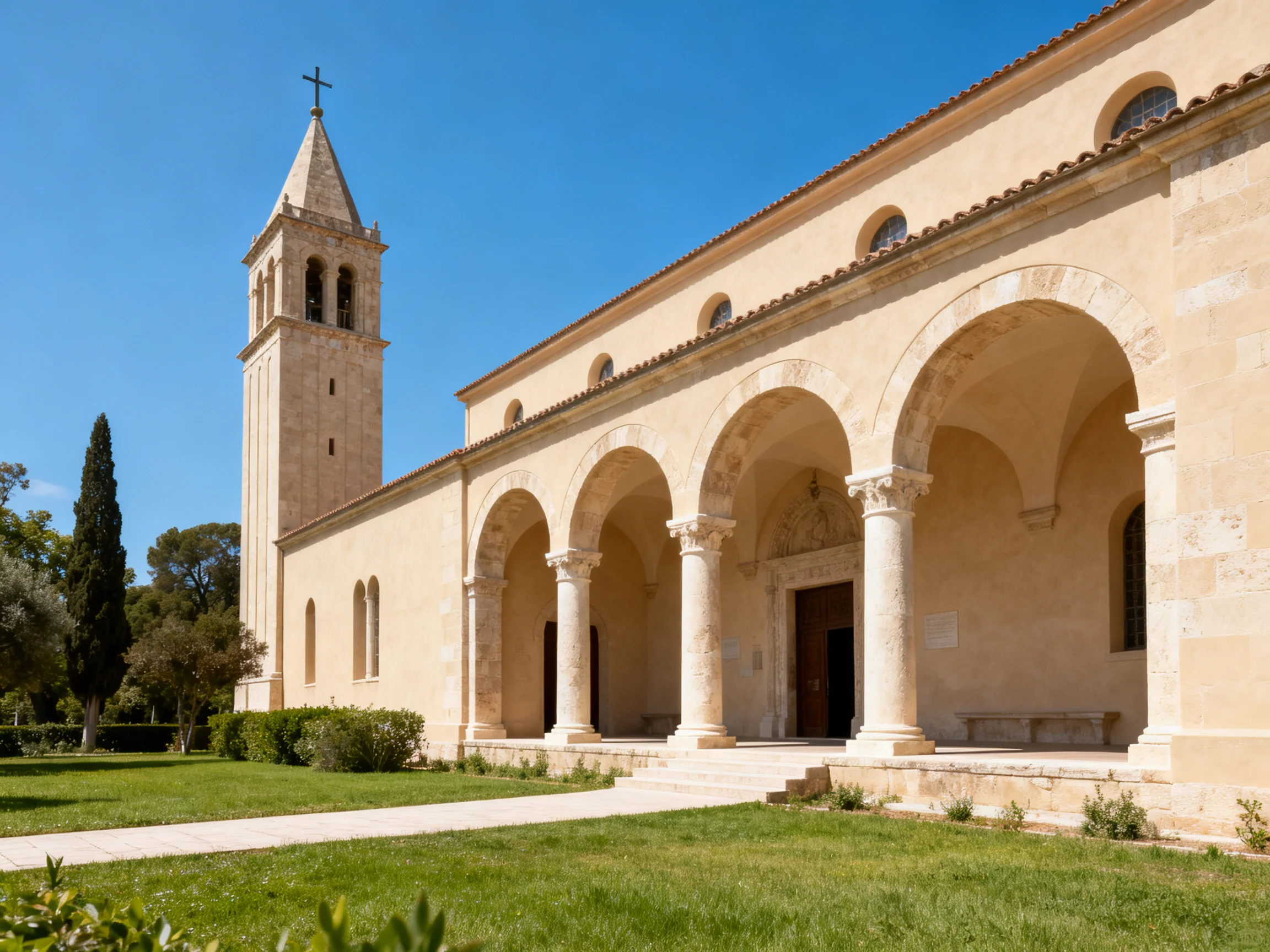 A historic stone church with arched colonnade and tall bell tower