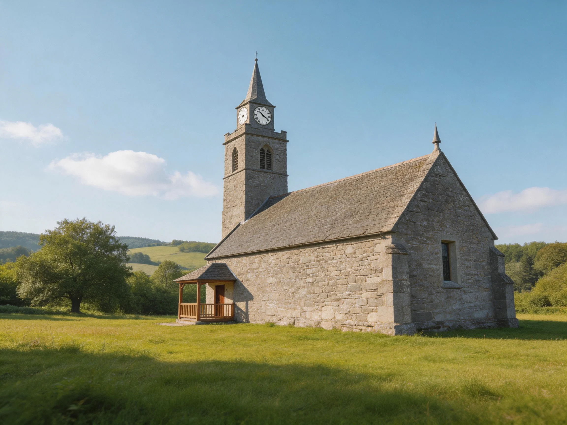 A historic stone church with clock tower in a lush green meadow