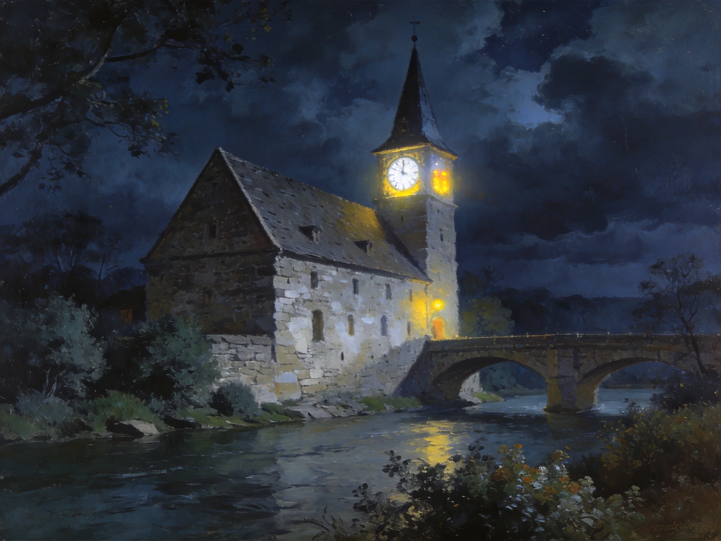 A historic stone church with illuminated clock tower beside a river at night