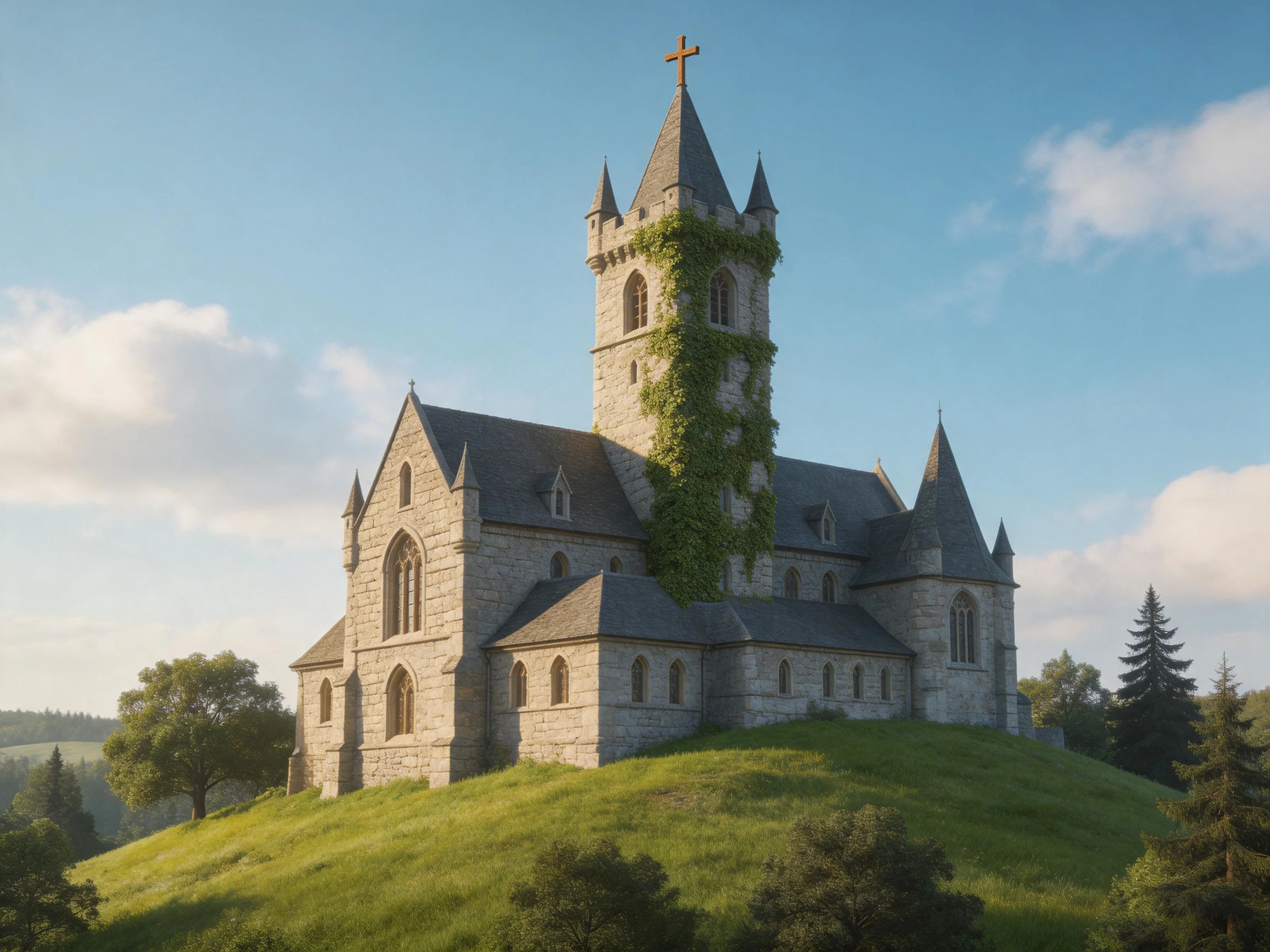 A historic stone church with ivy-covered tower atop a lush green hill