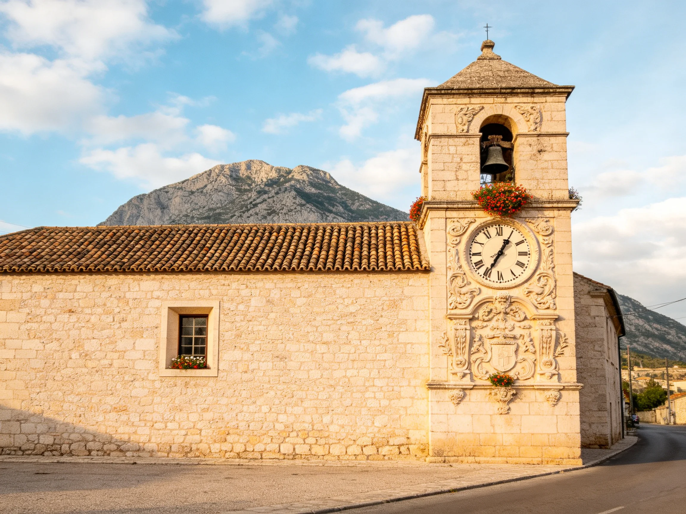 A historic stone church with ornate clock tower near a mountain