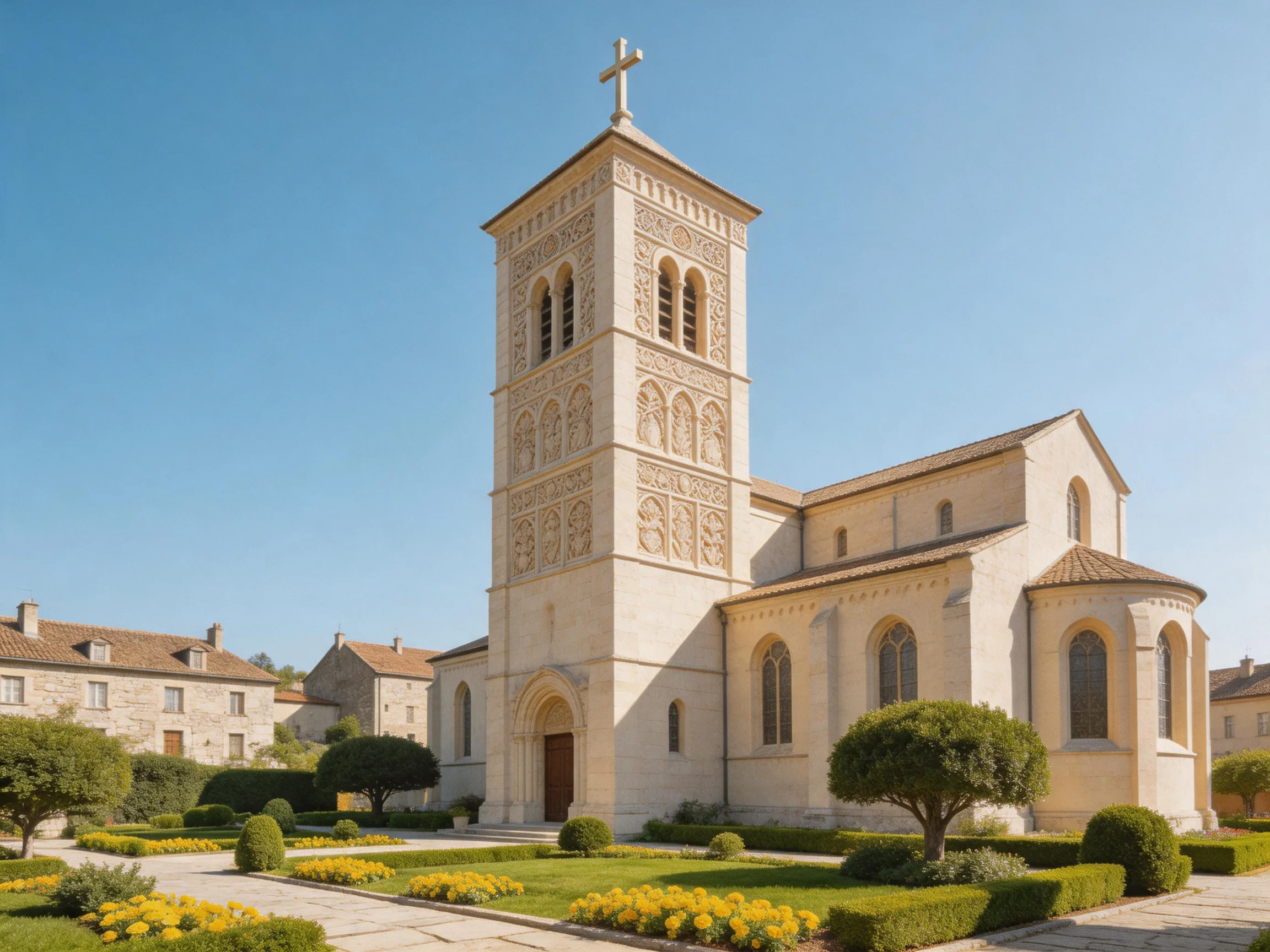 A historic stone church with ornate tower and manicured gardens