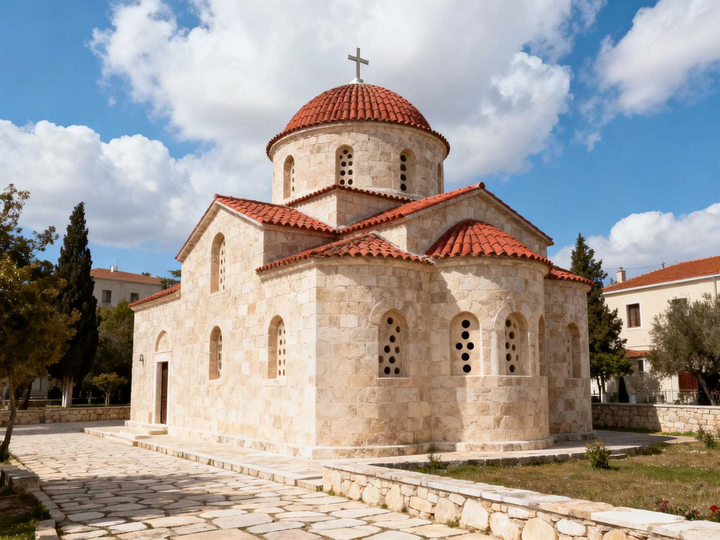 A historic stone church with red domes and cross