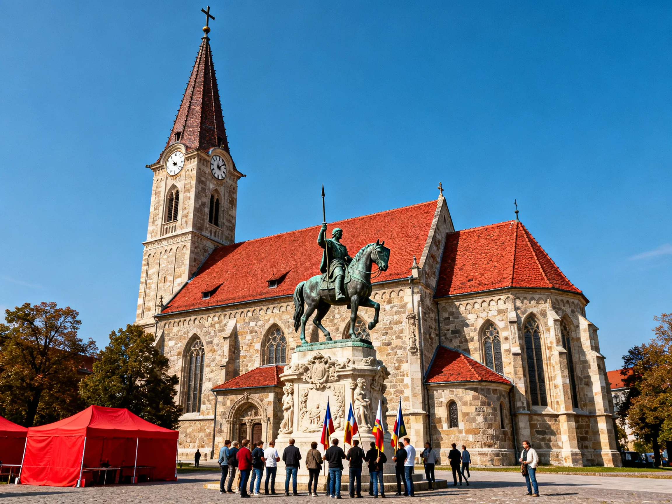 A historic stone church with red roofs beside a mounted warrior statue