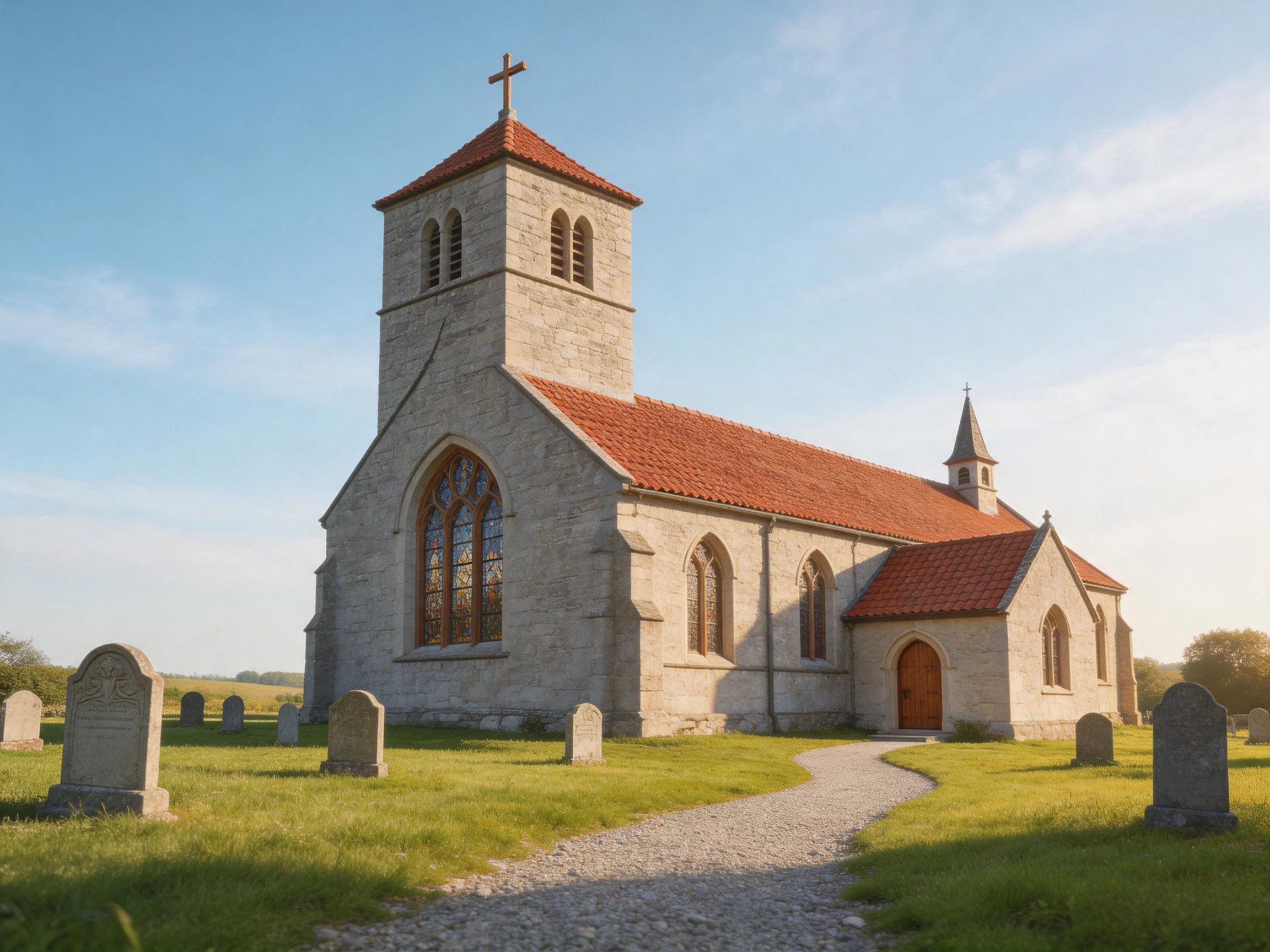 A historic stone church with red roofs near a graveyard