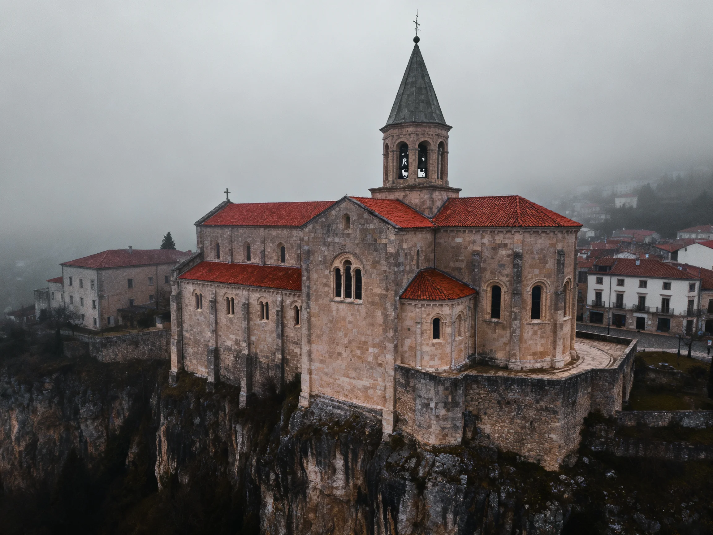 A historic stone church with red roofs perched on a cliffside