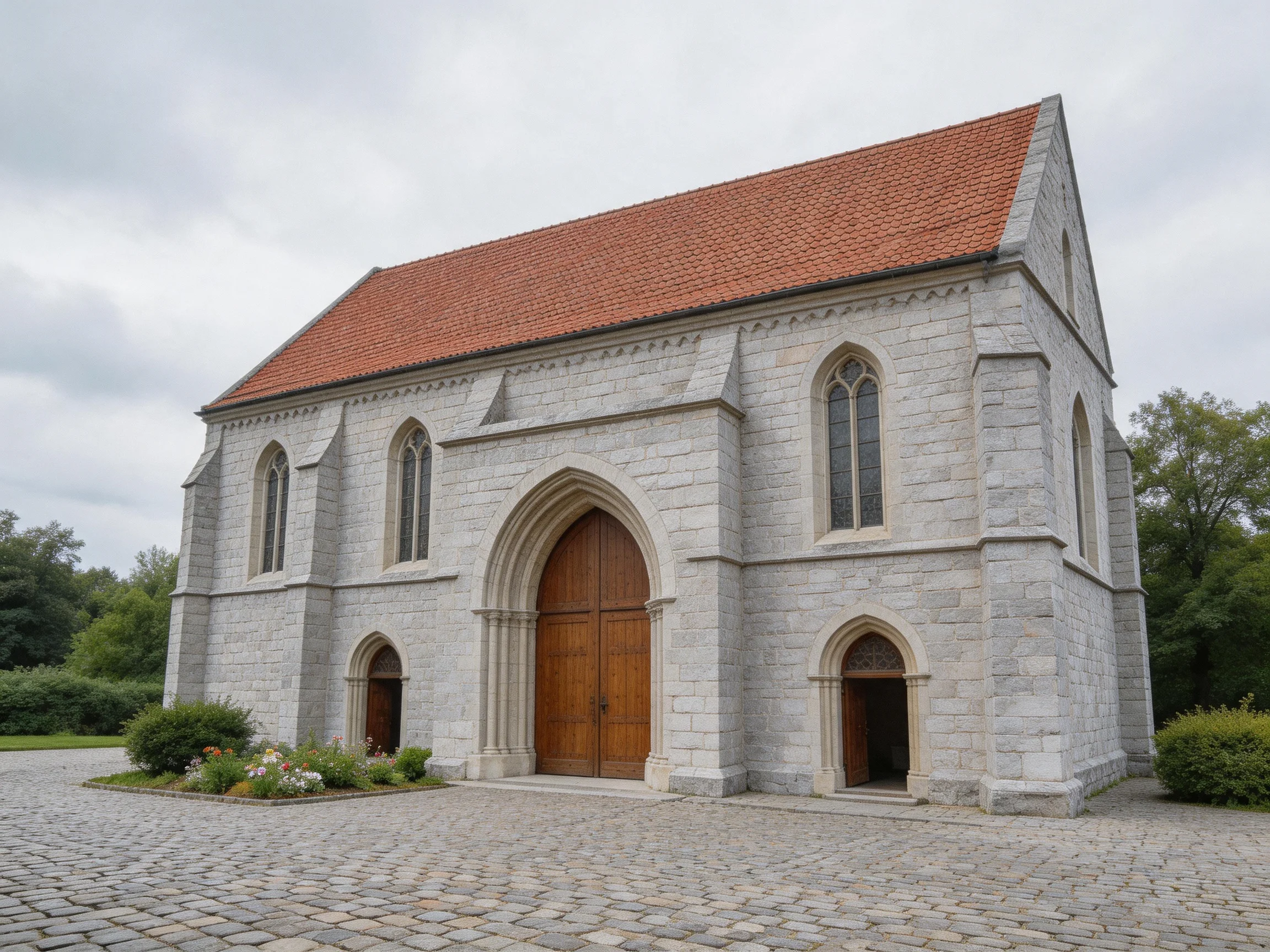 A historic stone church with red-tiled roof and arched entrances