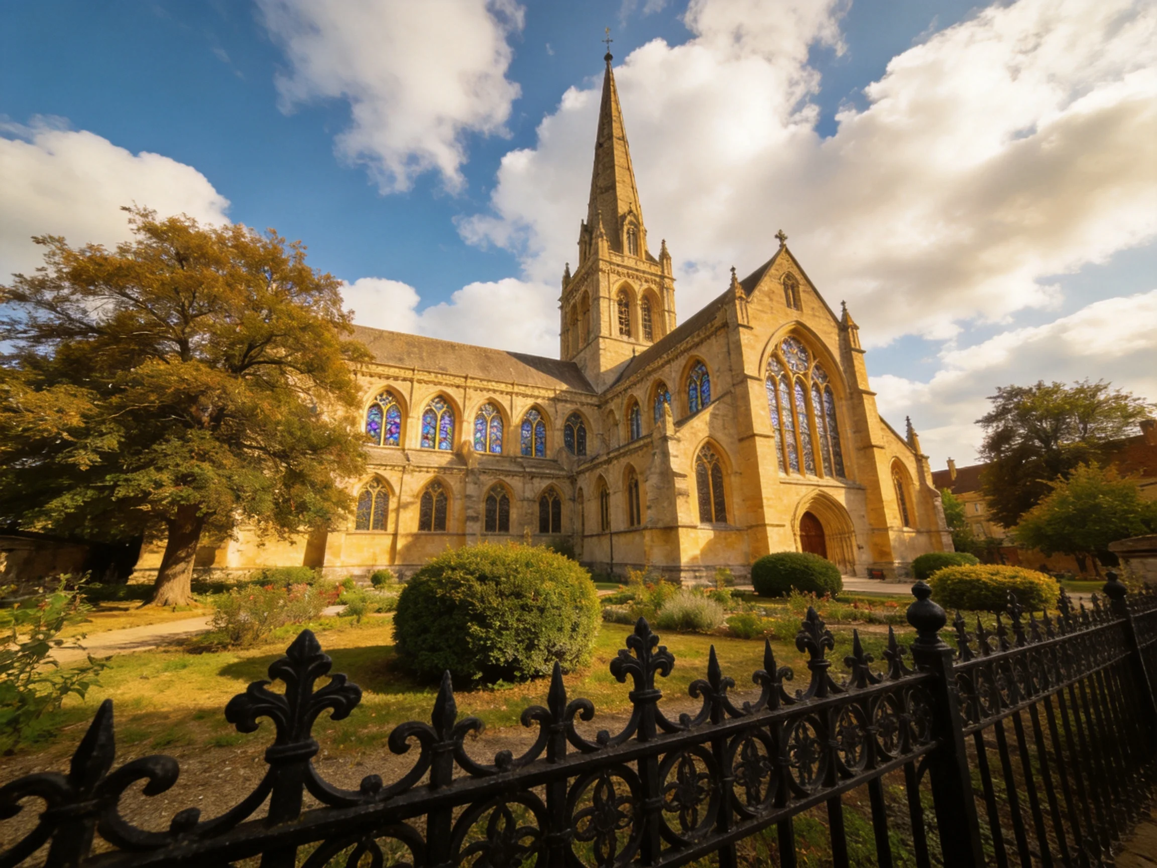 A historic stone church with stained glass windows under a bright blue sky