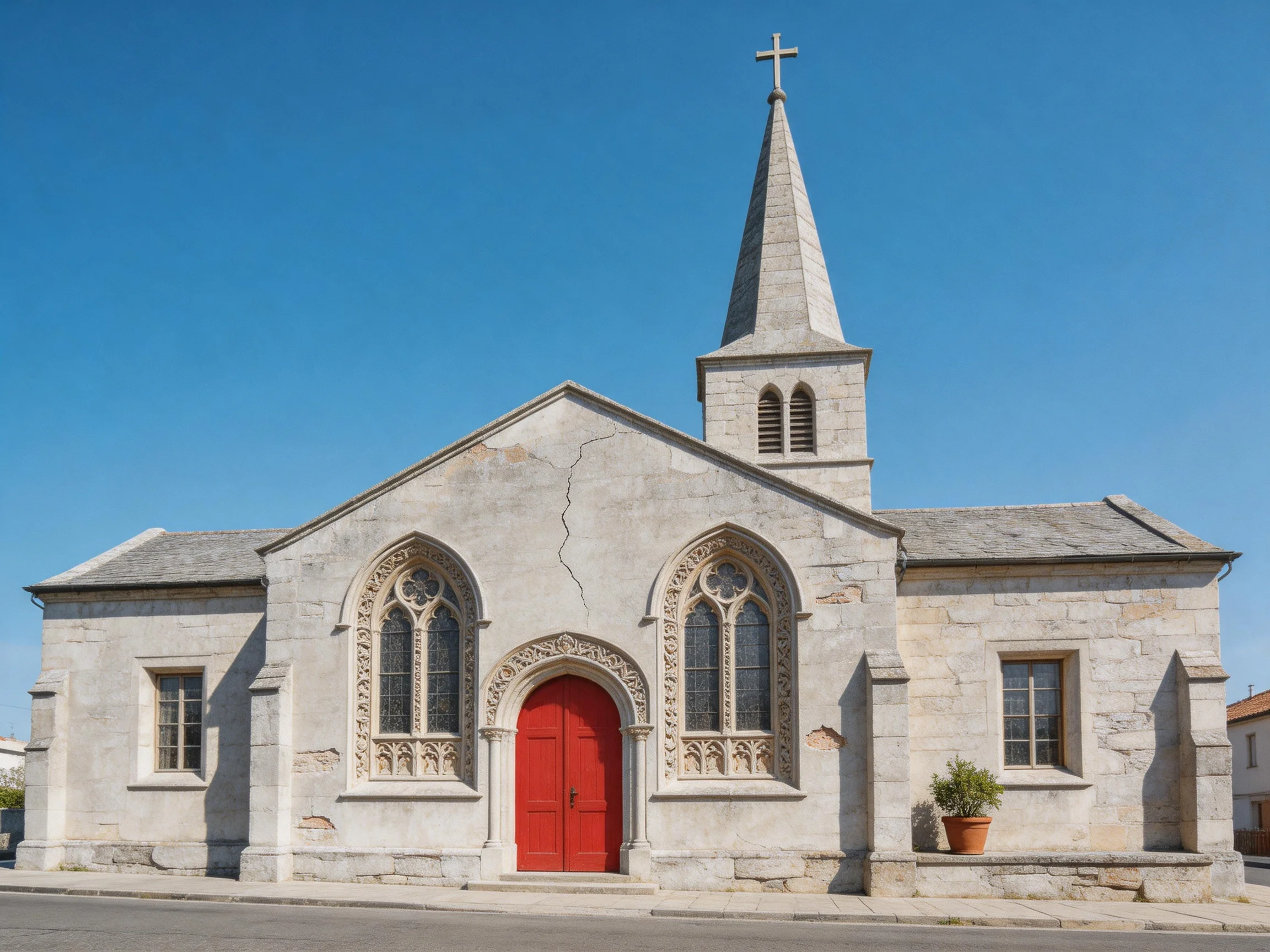 A historic stone church with tall spire and bright red doors