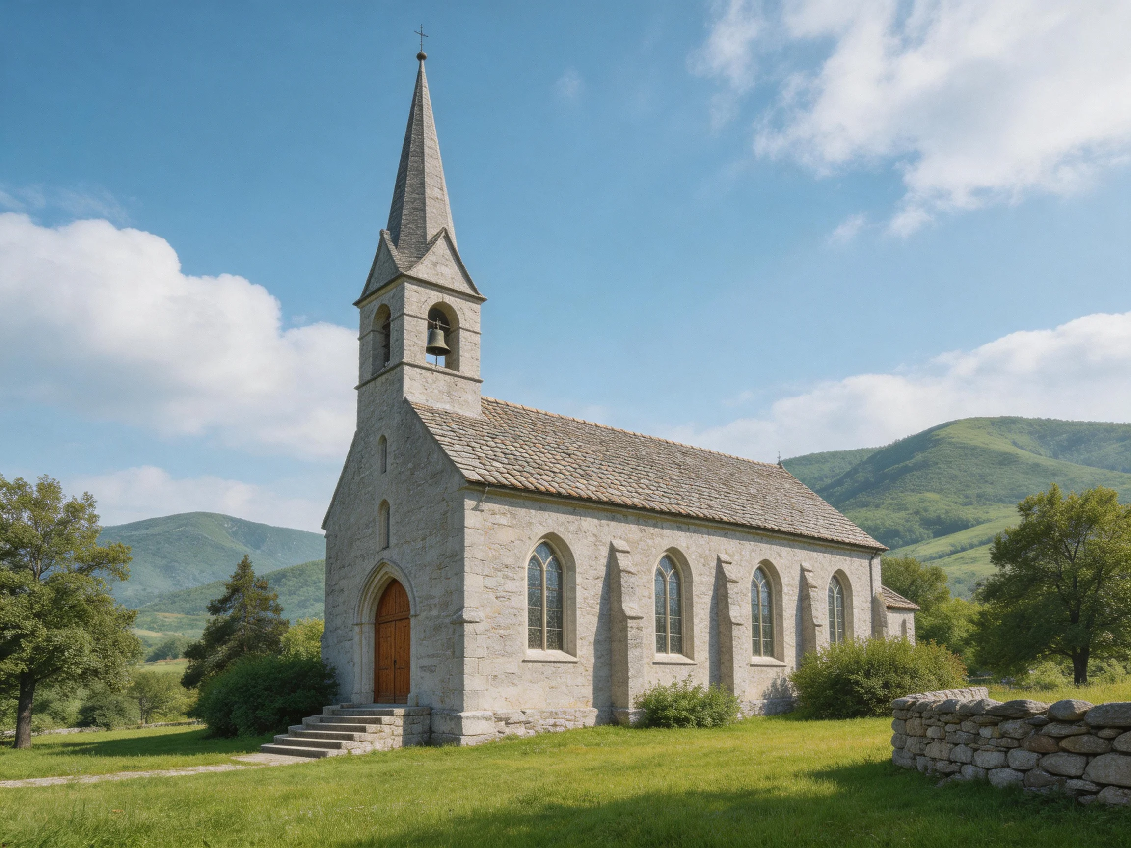 A historic stone church with tall spire near rolling green hills