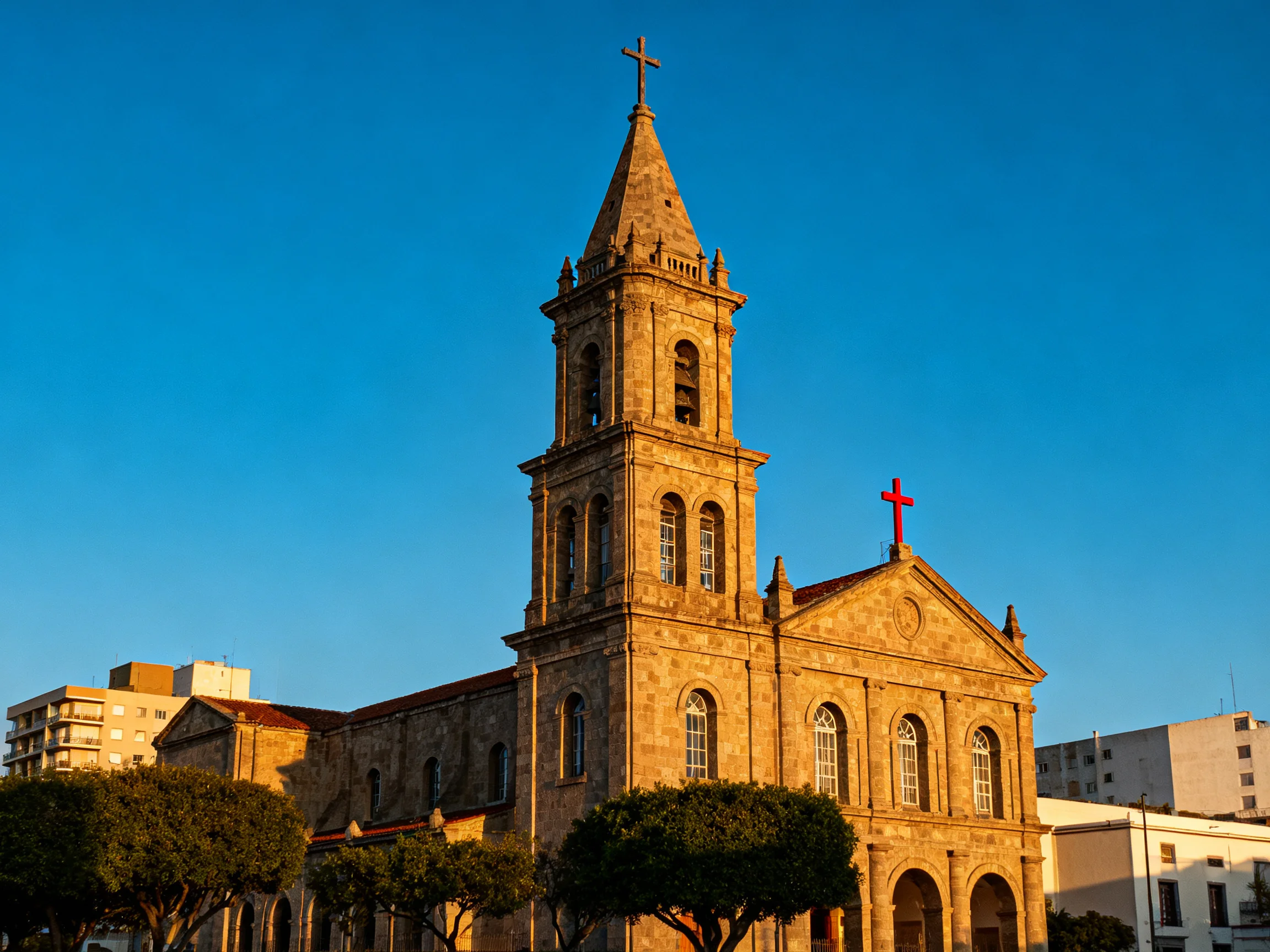 A historic stone church with tall tower and red cross under clear blue sky