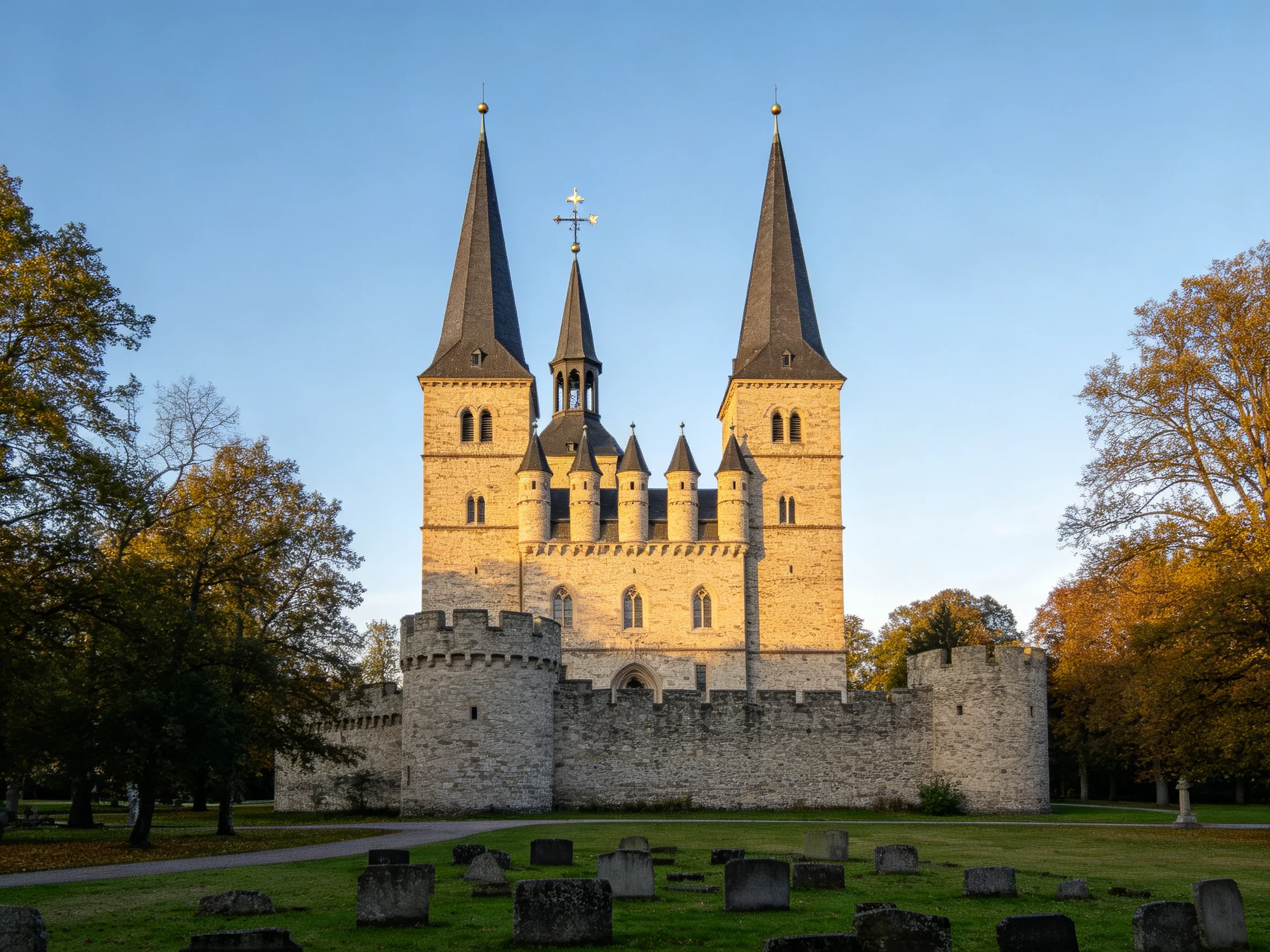 A historic stone church with three towers near autumnal trees