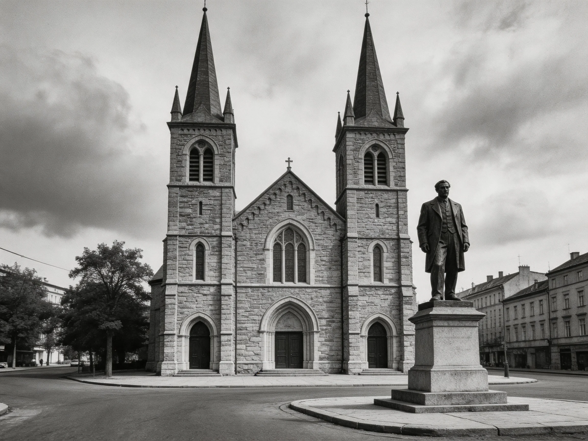 A historic stone church with twin spires beside a statue