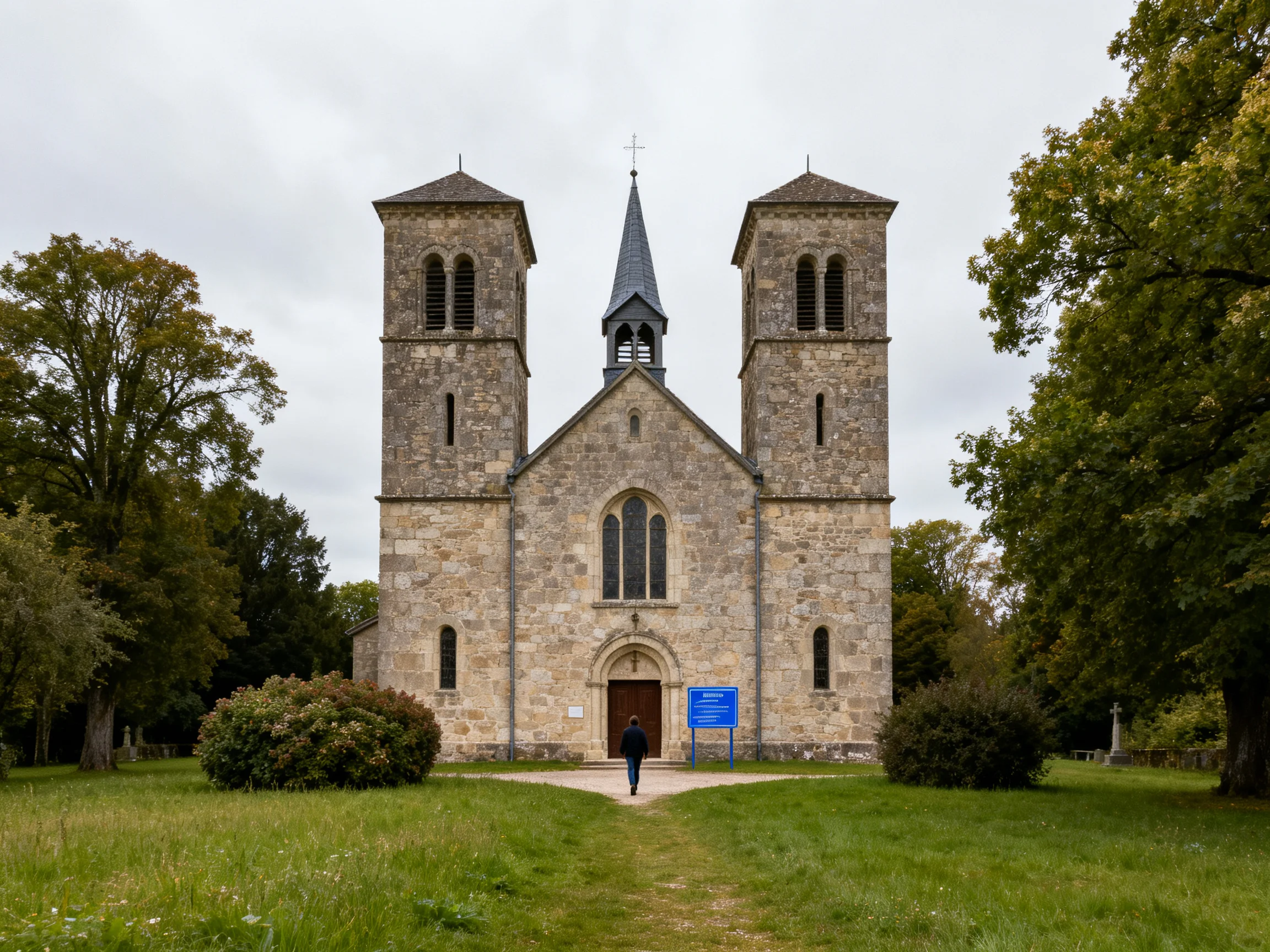 A historic stone church with twin towers and central spire