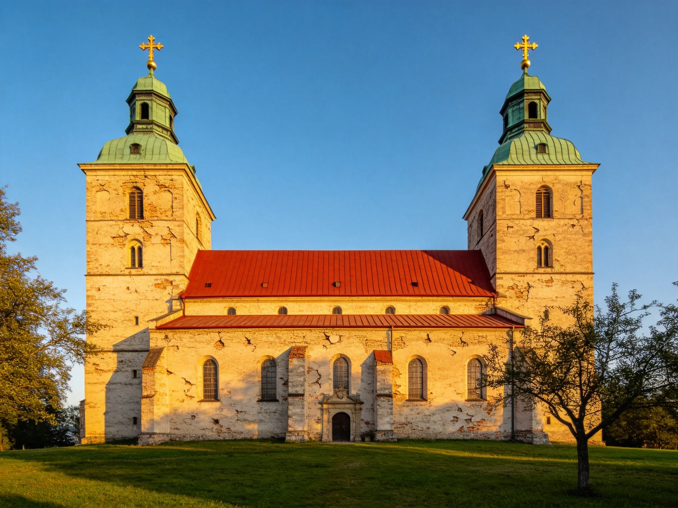 A historic stone church with twin towers and red roof