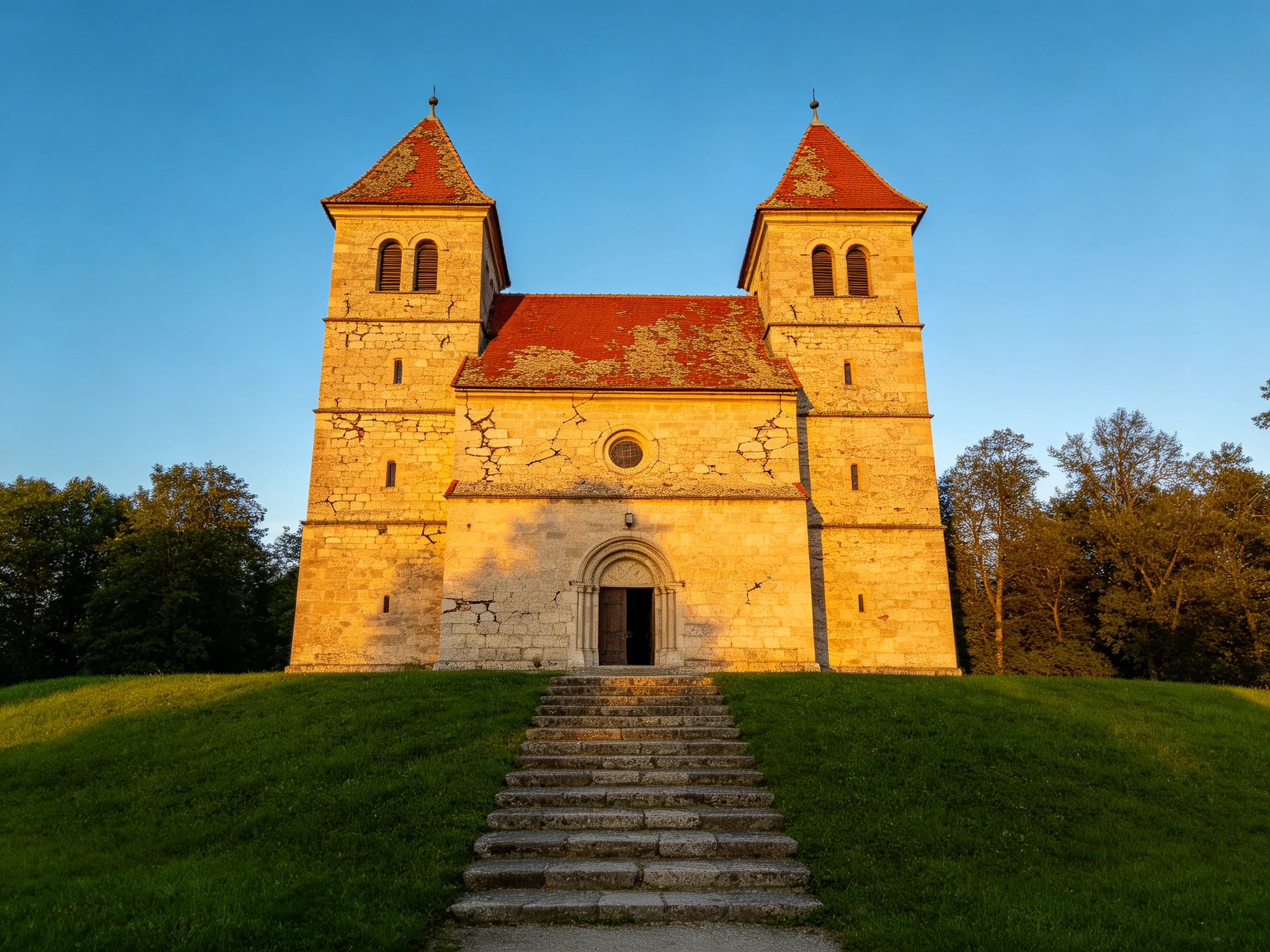 A historic stone church with twin towers and red roofs