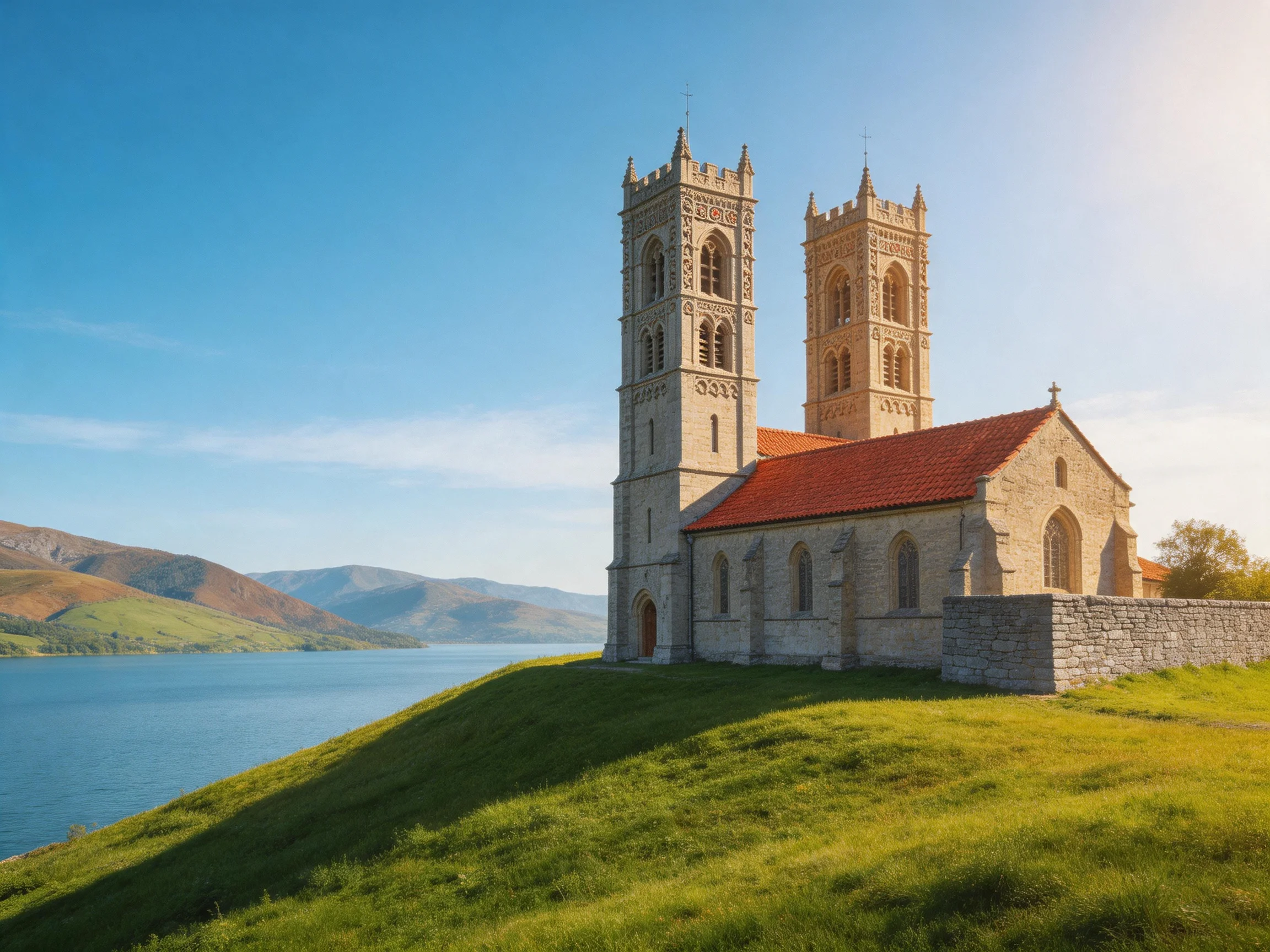 A historic stone church with twin towers beside a serene lake